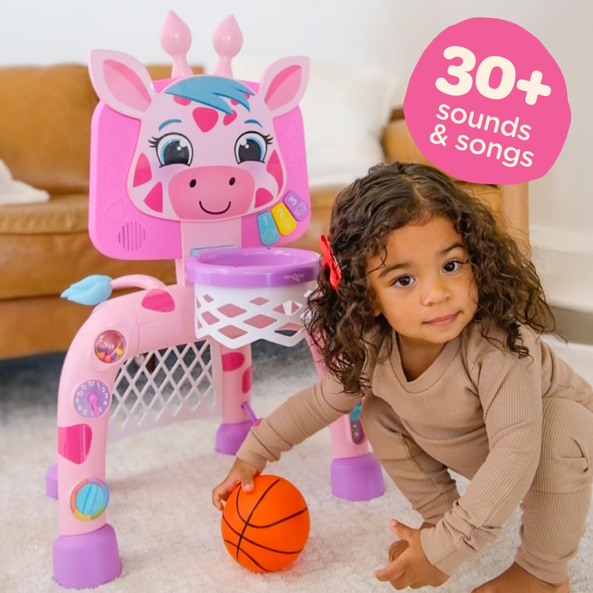 Move2Play giraffe activity center mid-shot highlighting 5 lights and 3 buttons.