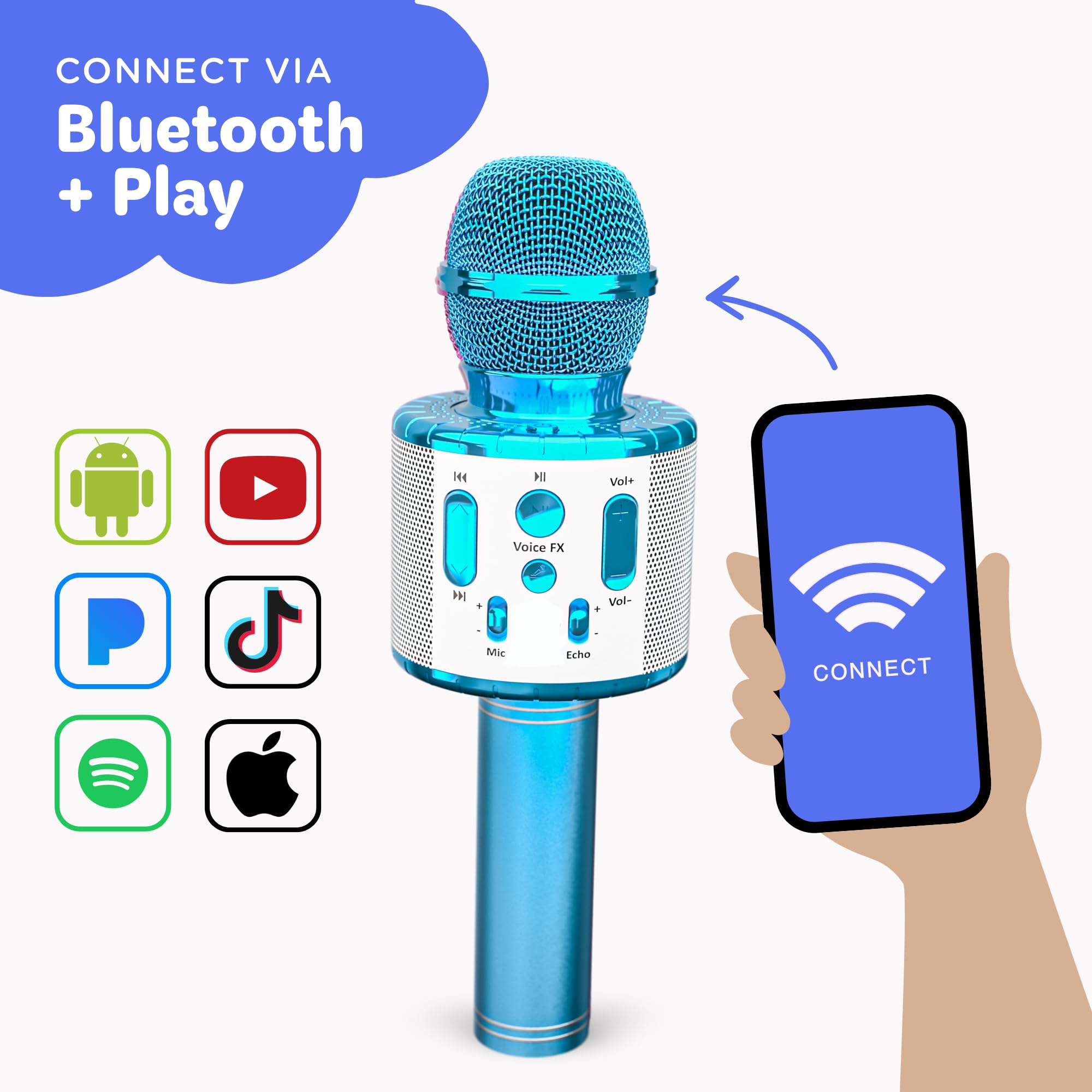 Move2Play microphone Bluetooth pairing for wireless song playback from devices.