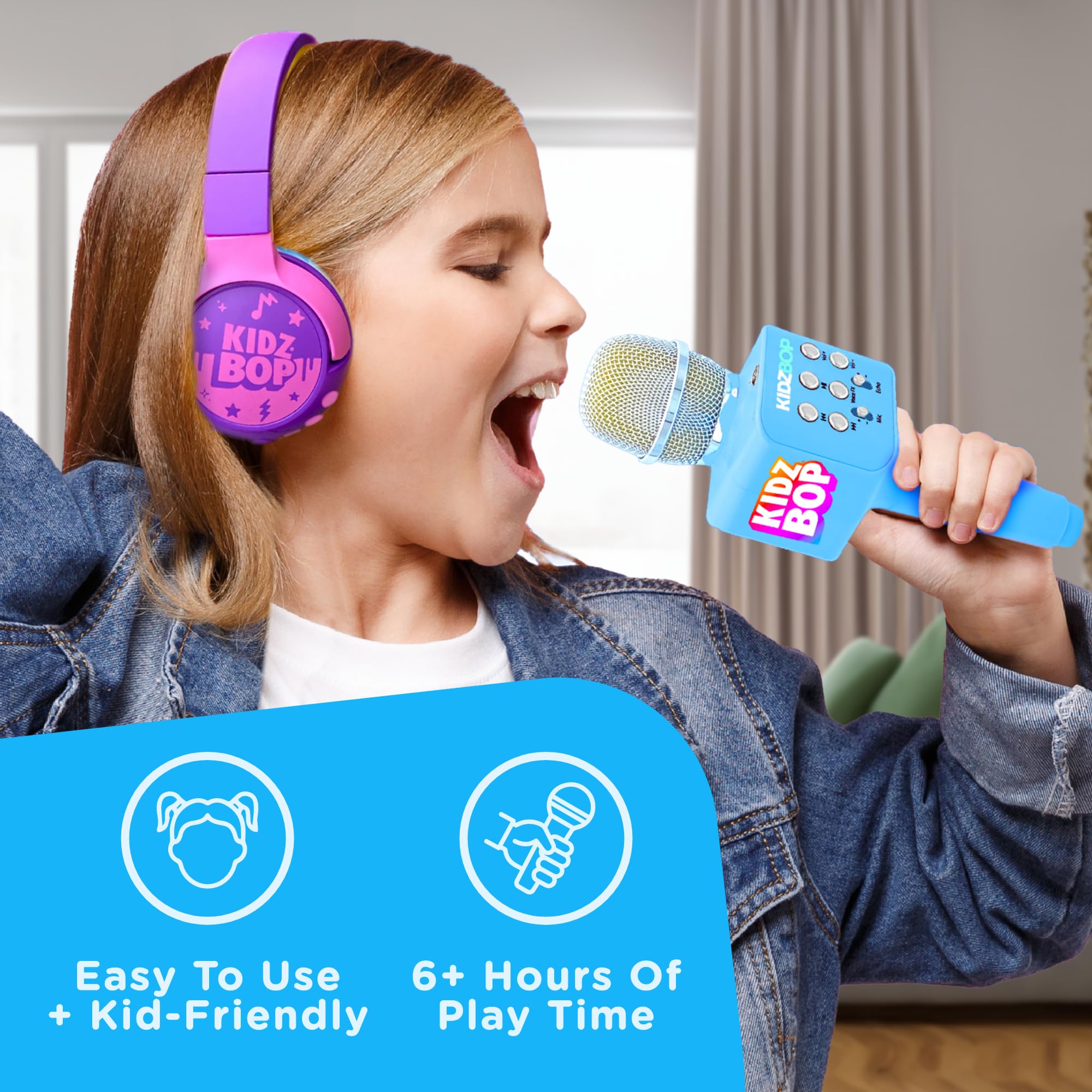 Move2Play Kidz Bop Karaoke Microphone app and streaming compatibility with Spotify YouTube Apple Music.