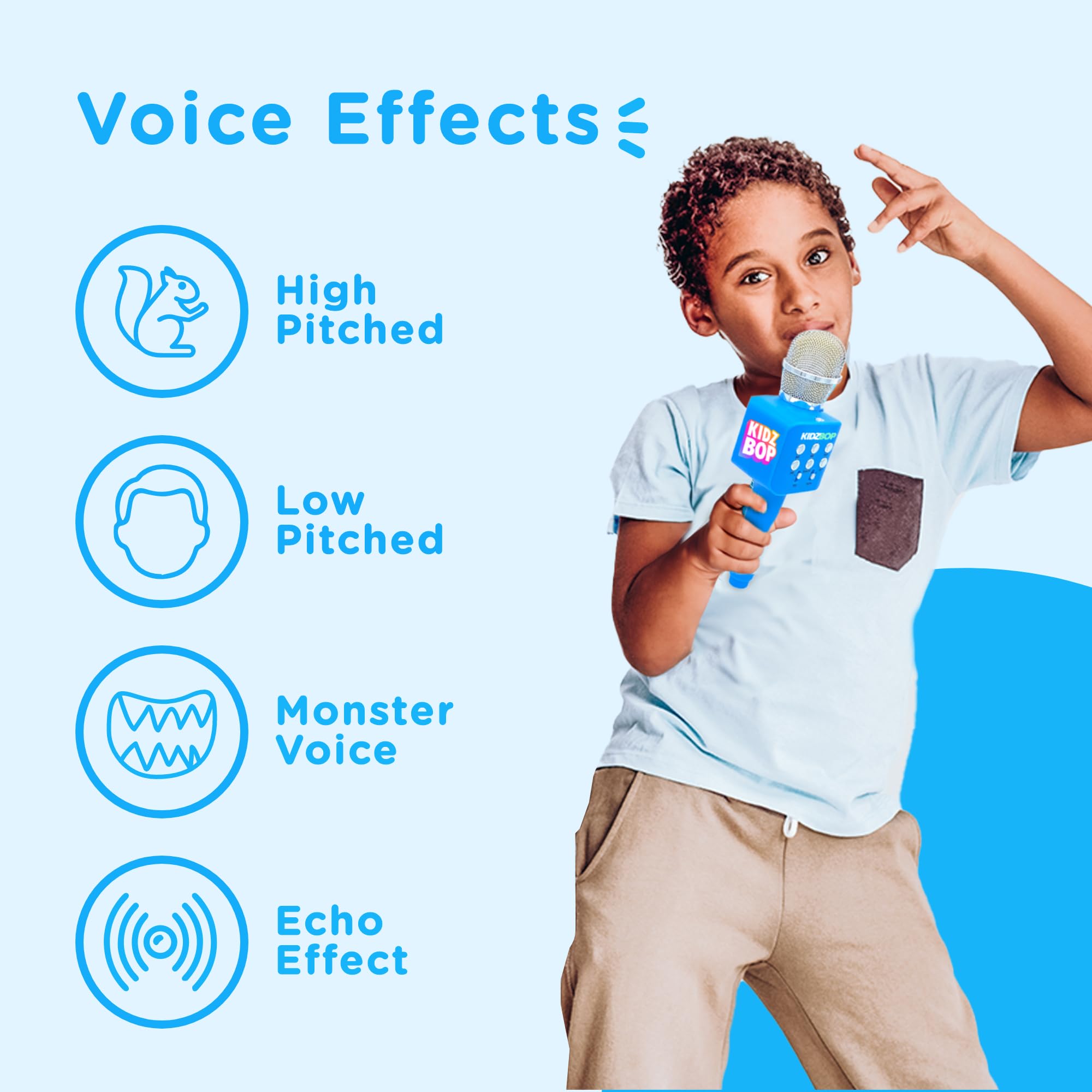 Move2Play Kidz Bop Karaoke Microphone voice-effects add playful variety.