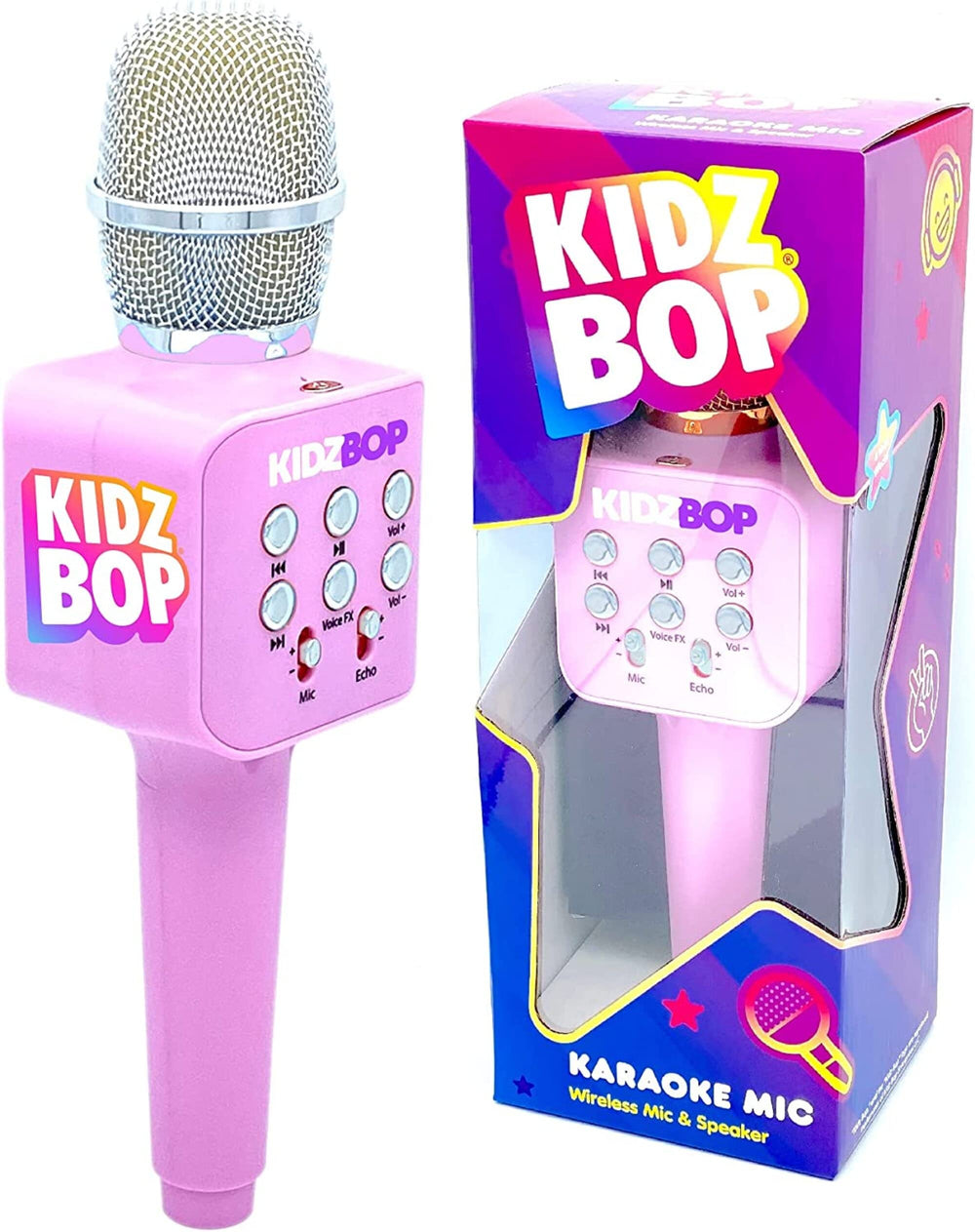 Move2Play Kidz Bop microphone connects via Bluetooth for wireless song sharing.