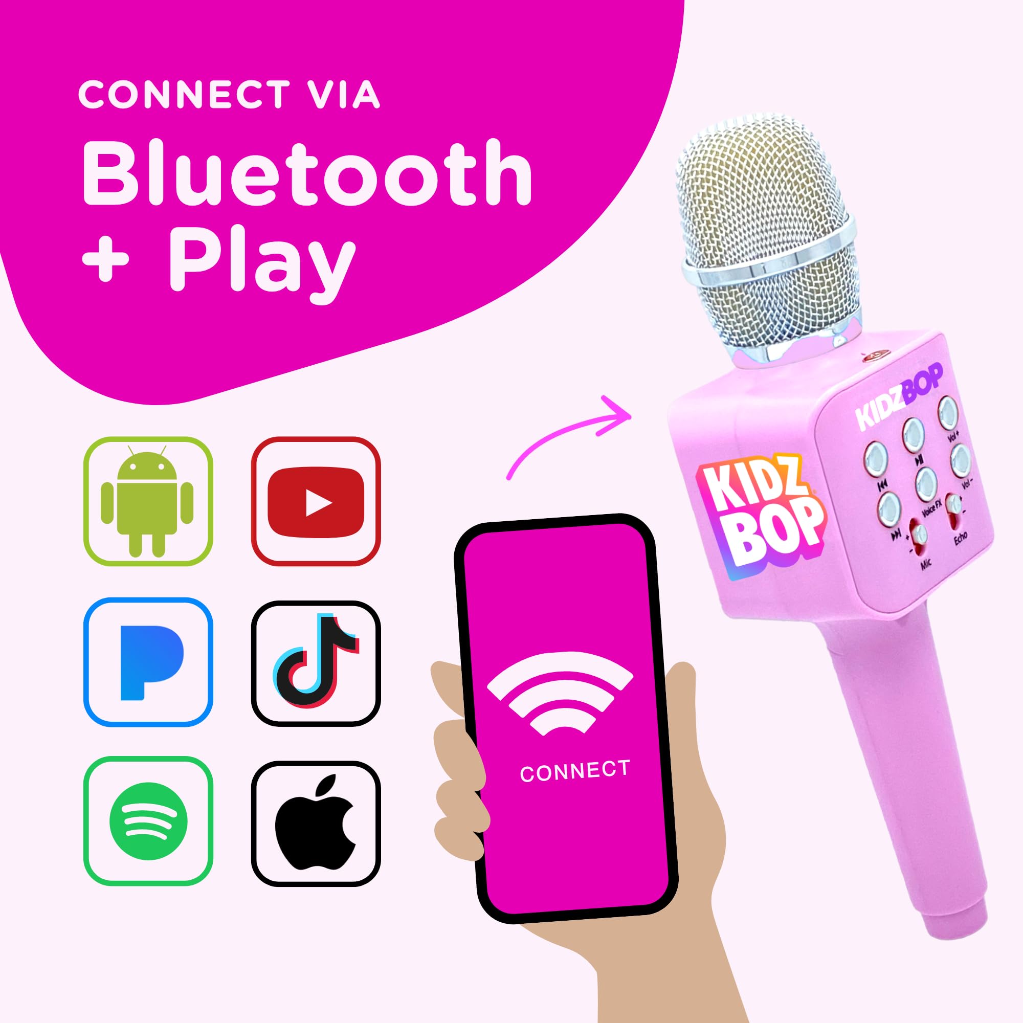 Move2Play Kidz Bop microphone offers four voice effects for playful karaoke moments.