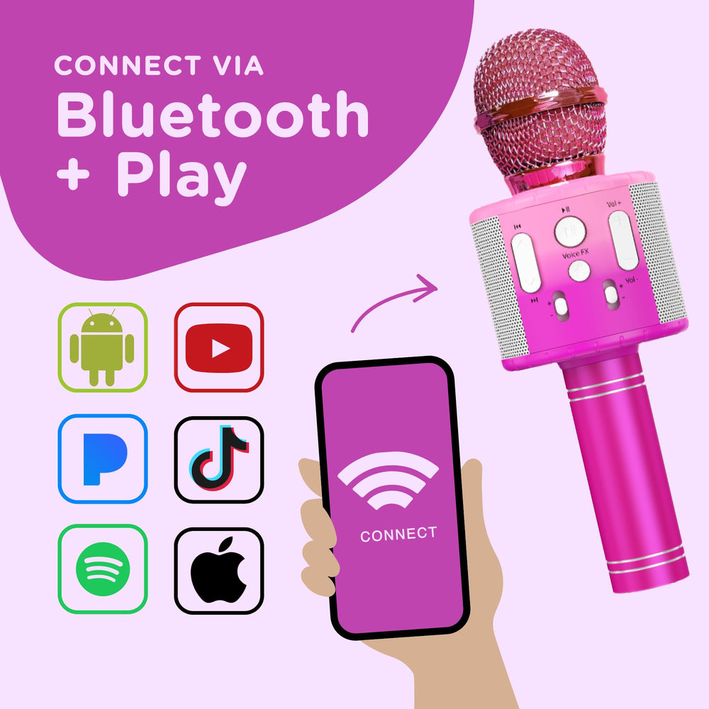 Move2Play microphone shown connected via Bluetooth for wireless singing.