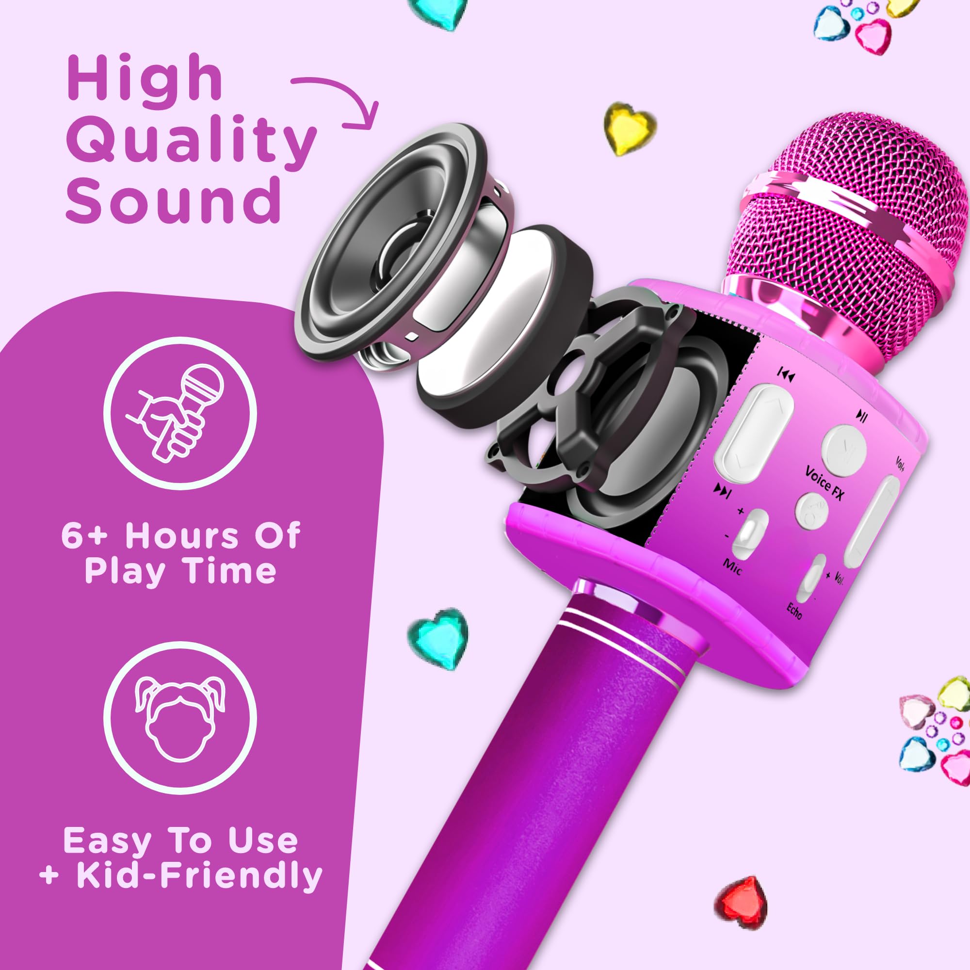 Move2Play microphone battery icon highlighting up to six hours of play.