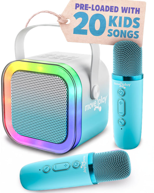 Move2Play mini karaoke front view highlights kid-friendly design for easy home concerts.