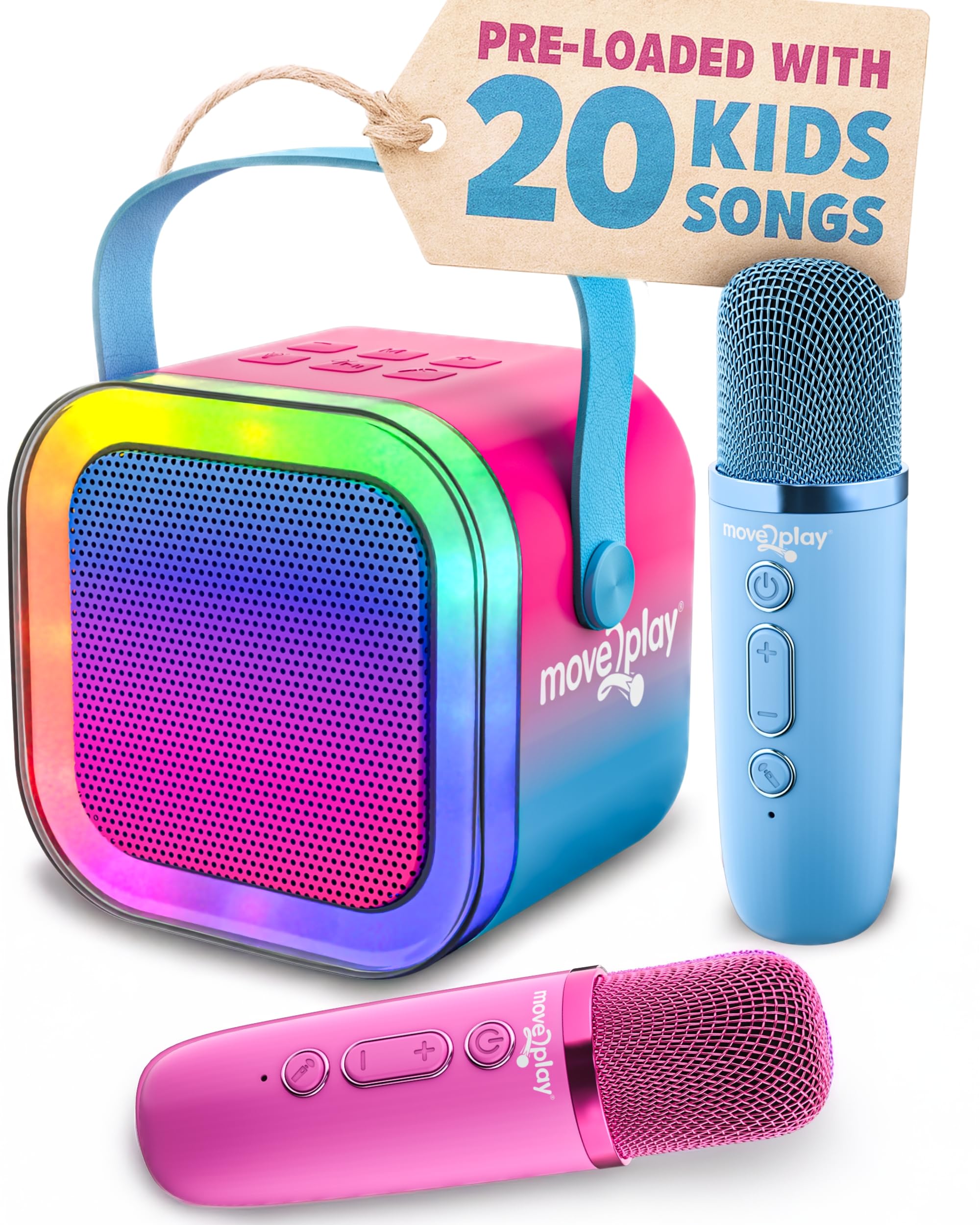 Move2Play mini karaoke machine kids-setup, built-in songs for family sing-alongs.