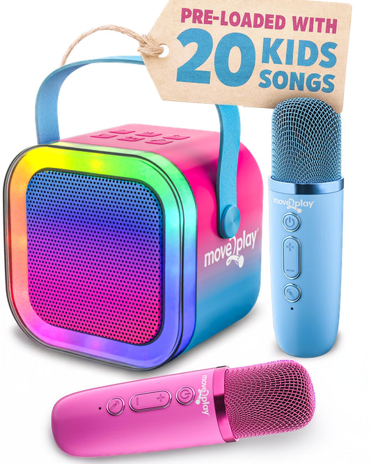 Move2Play mini karaoke machine kids-setup, built-in songs for family sing-alongs.