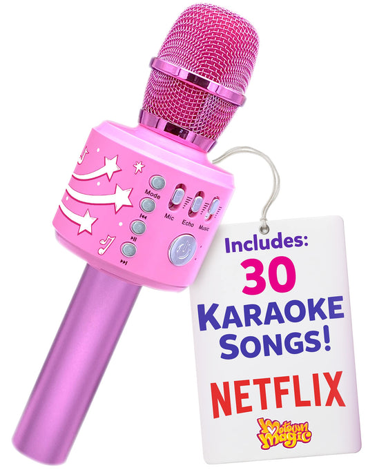 Move2Play Motown Magic microphone showing 30 songs for kids' karaoke.