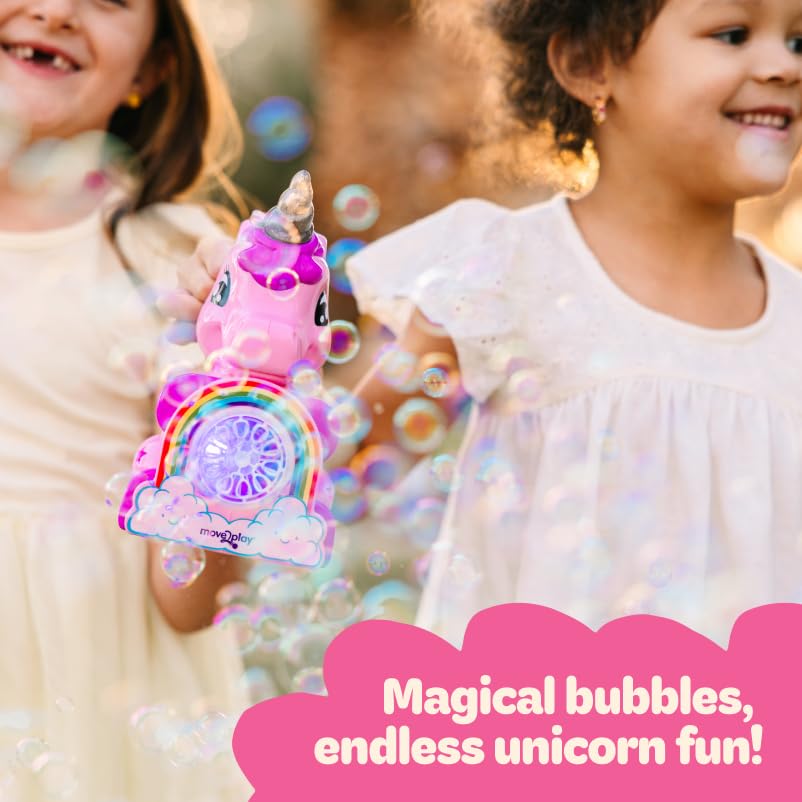 Move2Play unicorn bubble blower includes 8-ounce solution bottle ready to use.