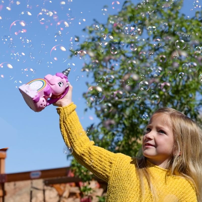 Move2Play unicorn bubble blower used indoors and outdoors for versatile play.