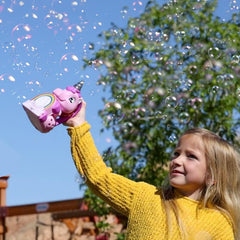 Move2Play unicorn bubble blower used indoors and outdoors for versatile play.