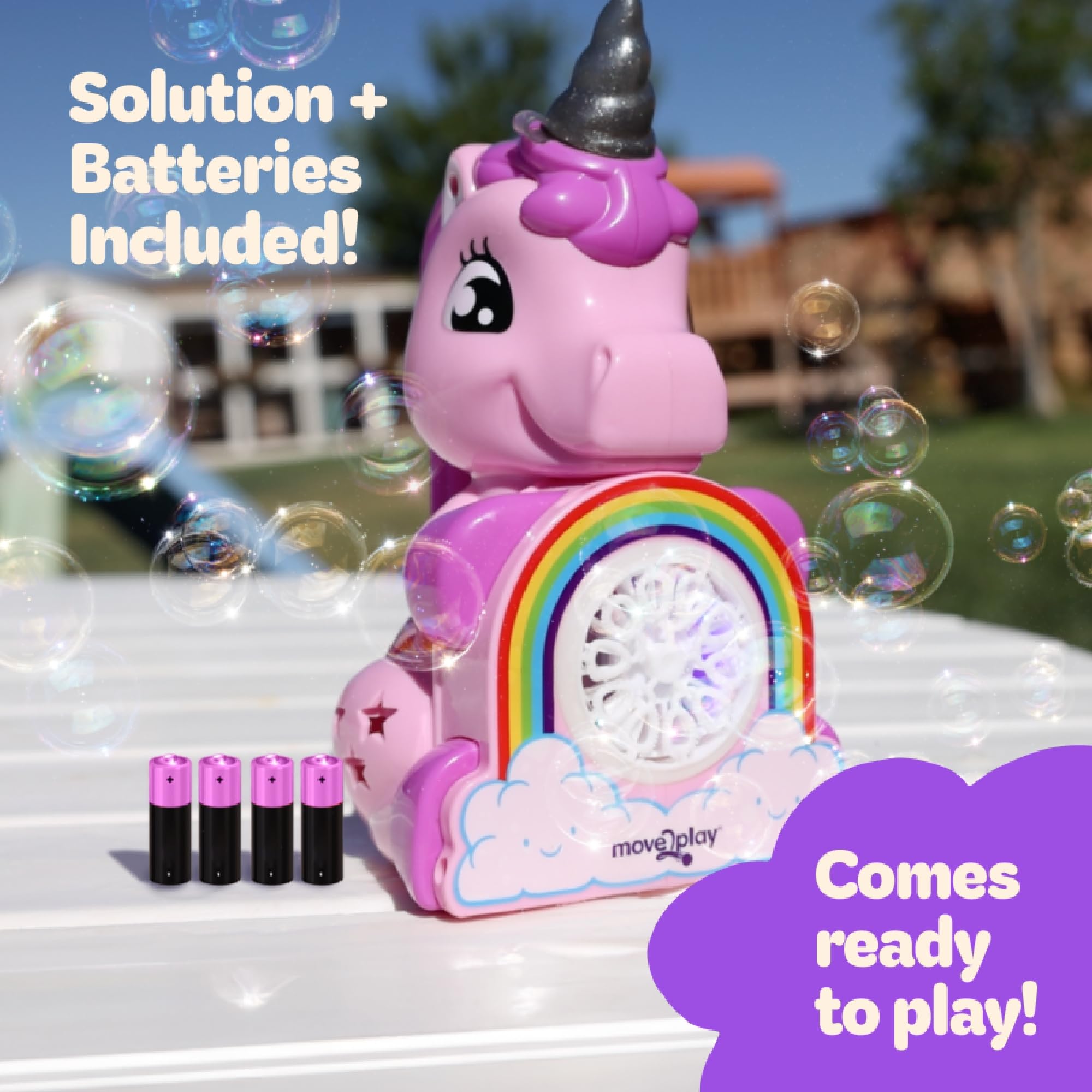 Move2Play unicorn bubble blower produces thousands of bubbles per minute.