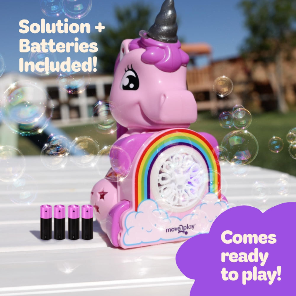 Move2Play unicorn bubble blower produces thousands of bubbles per minute.