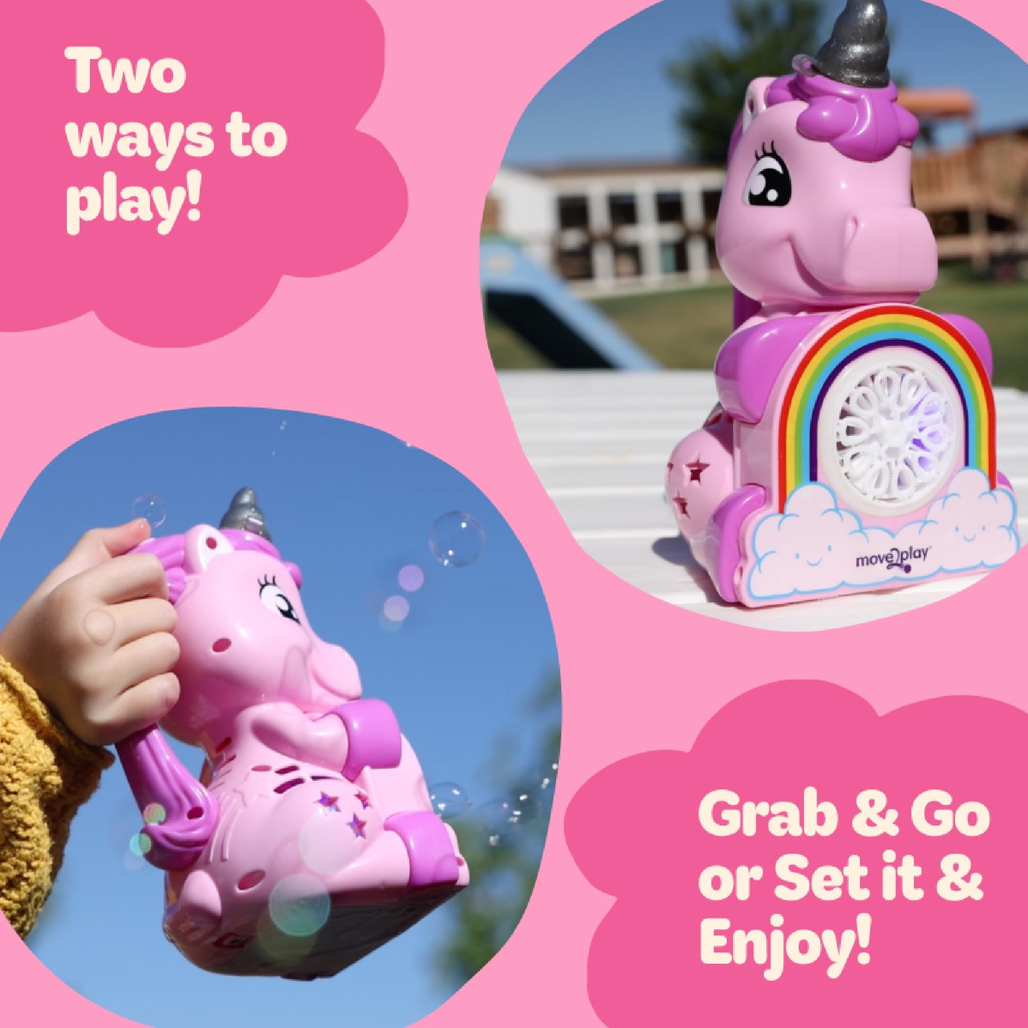 Move2Play unicorn bubble blower water-resistant battery area for splashy play.