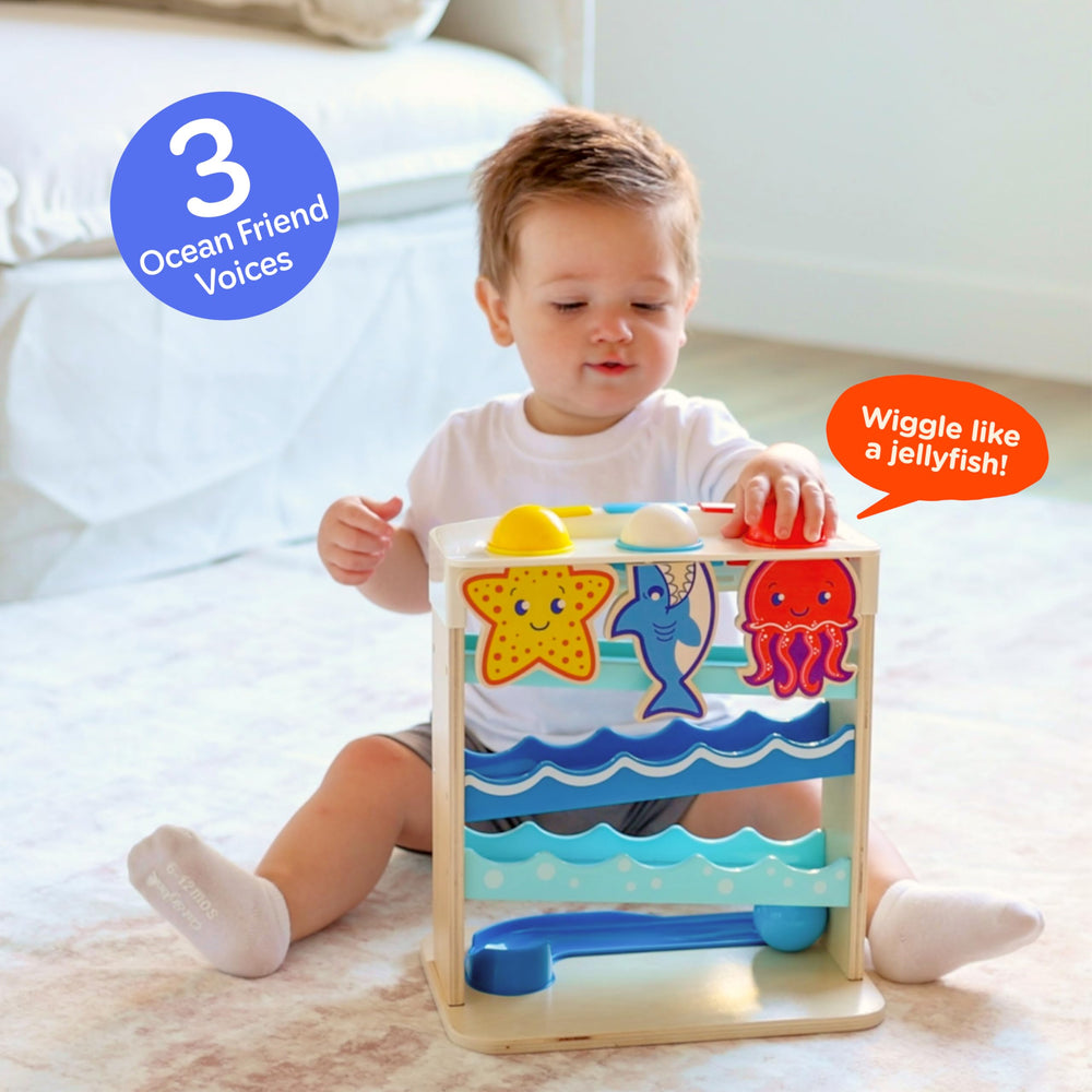 Move2Play Wooden Ocean Friends singing phrases provide catchy tunes for early language exploration.