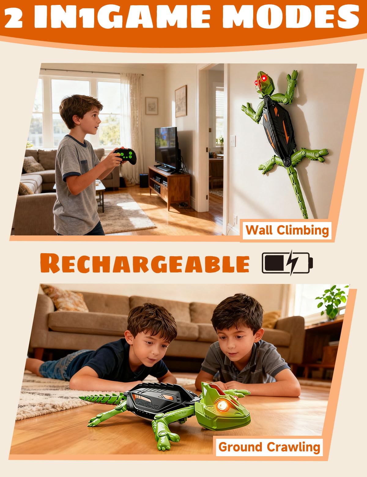 MOVUZOI gecko recharges via USB for quick play sessions.