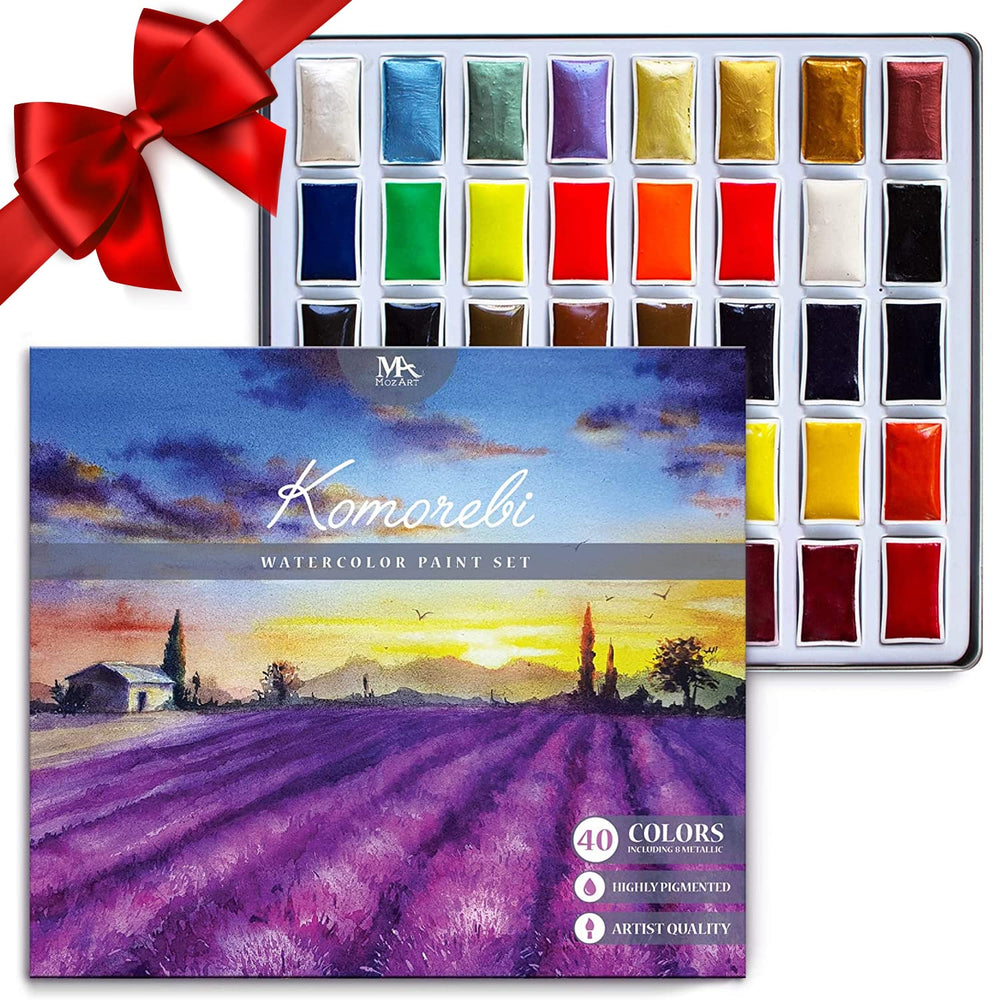 MozArt Supplies premium Japanese watercolor palette in a sturdy box for easy transport