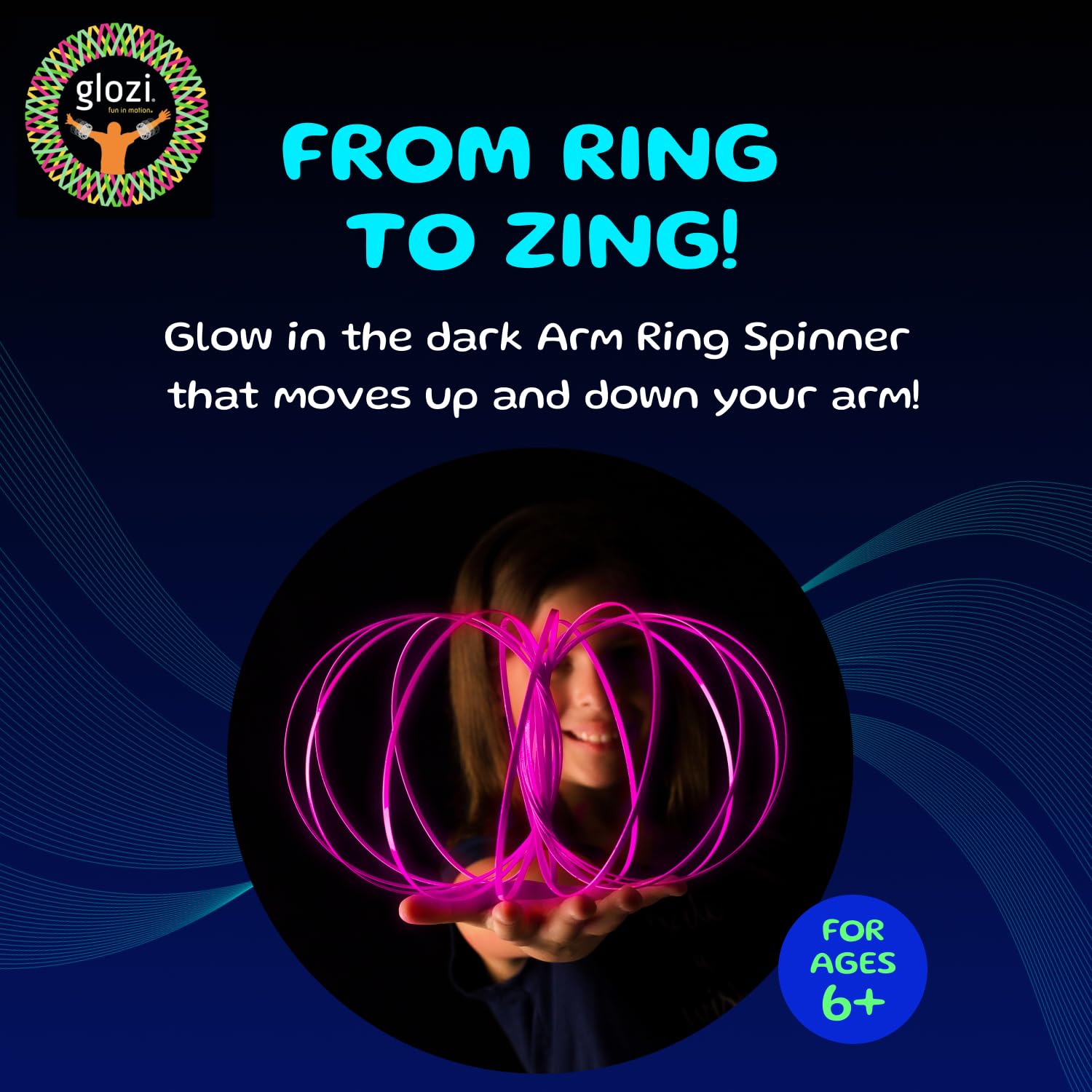 Mozi Glozi glowing spiral close-up highlighting gyroscopic action for captivating display