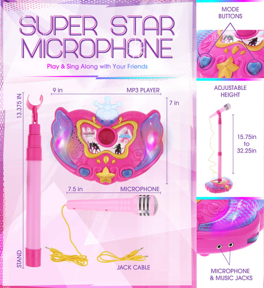 Mozlly adjustable stand supports kids’ karaoke at any height.