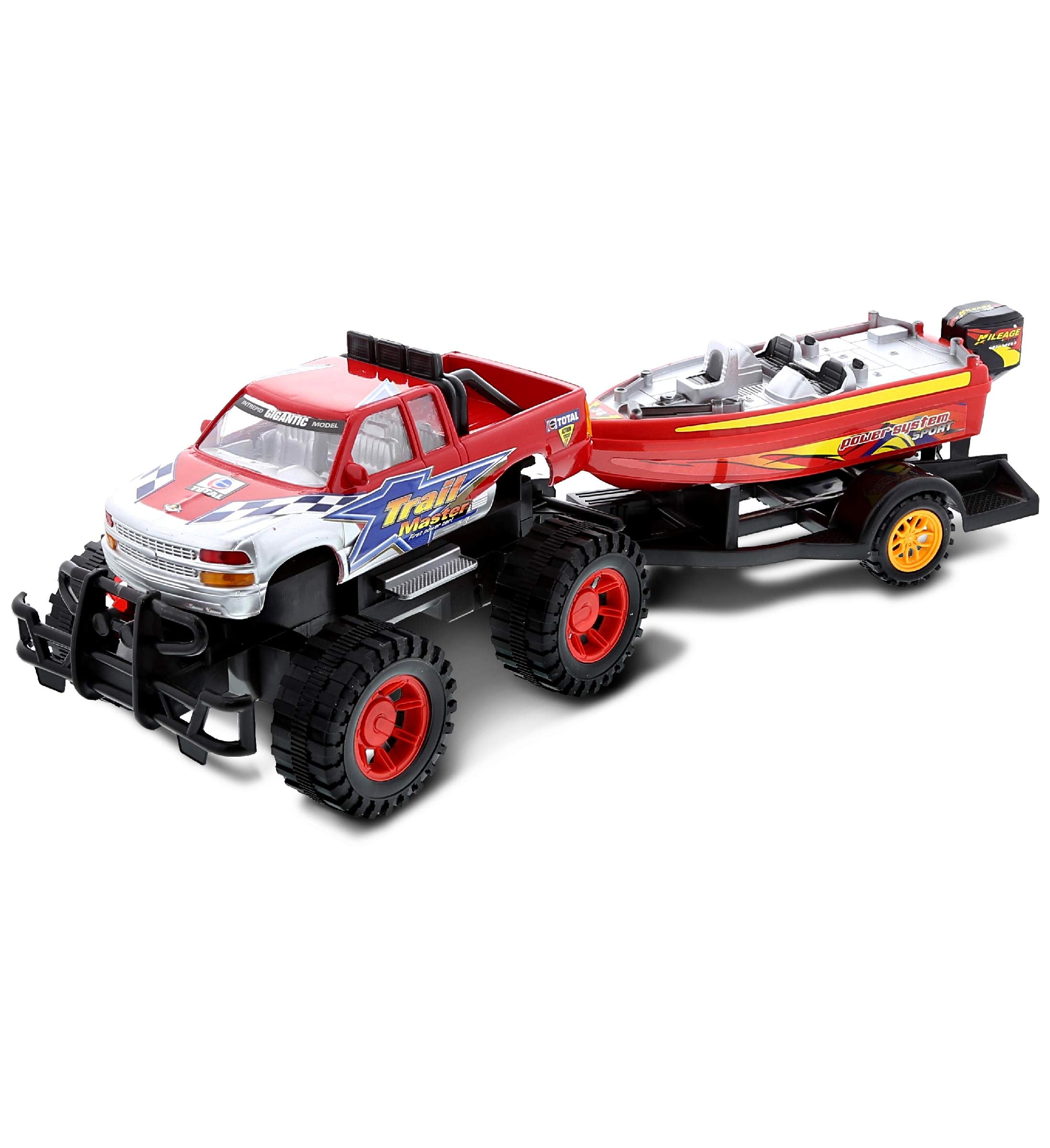 Mozlly monster truck toy with trailer in bold red colors for imaginative play.