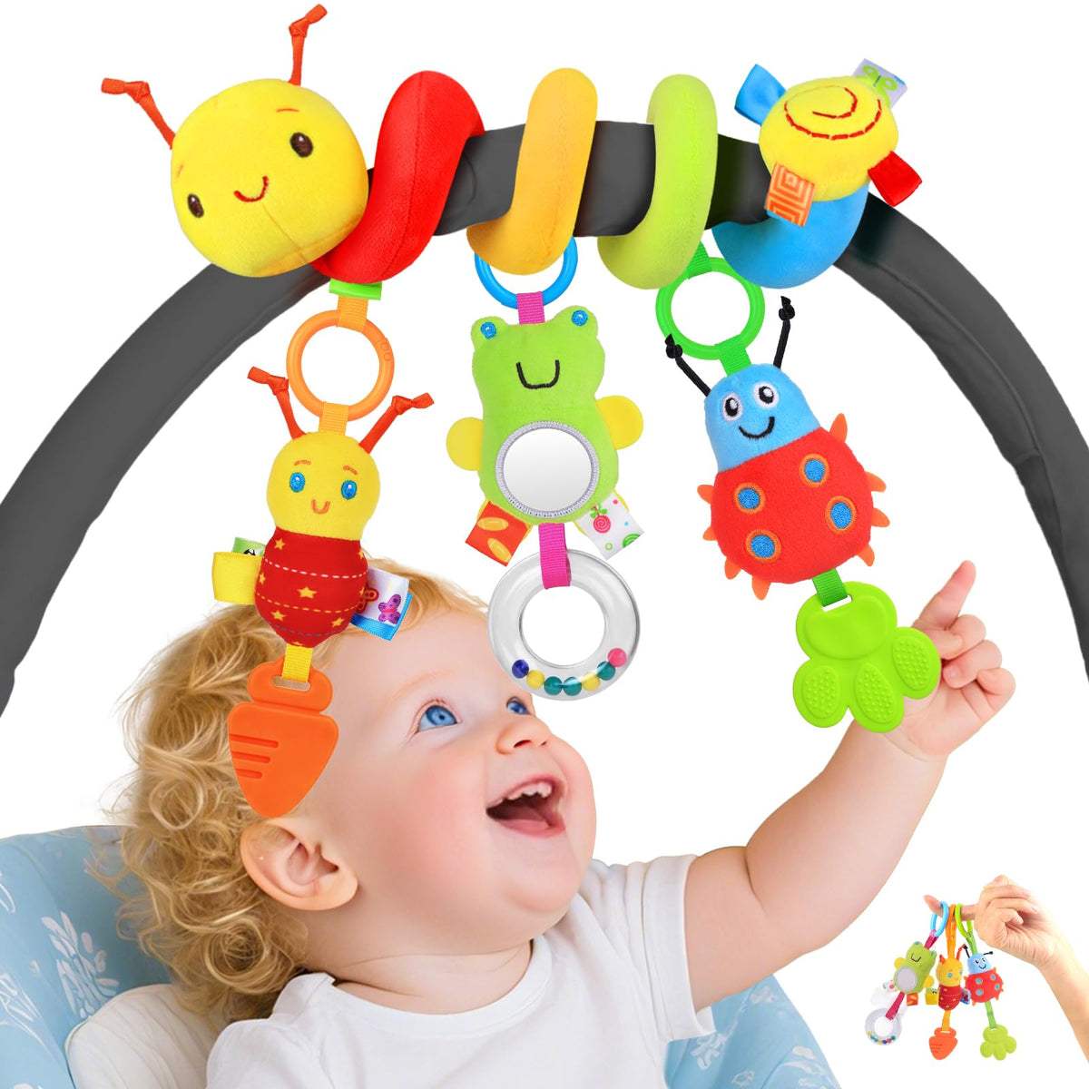 MPQMPQ car seat toy with smiling plush, stimulating early visual engagement