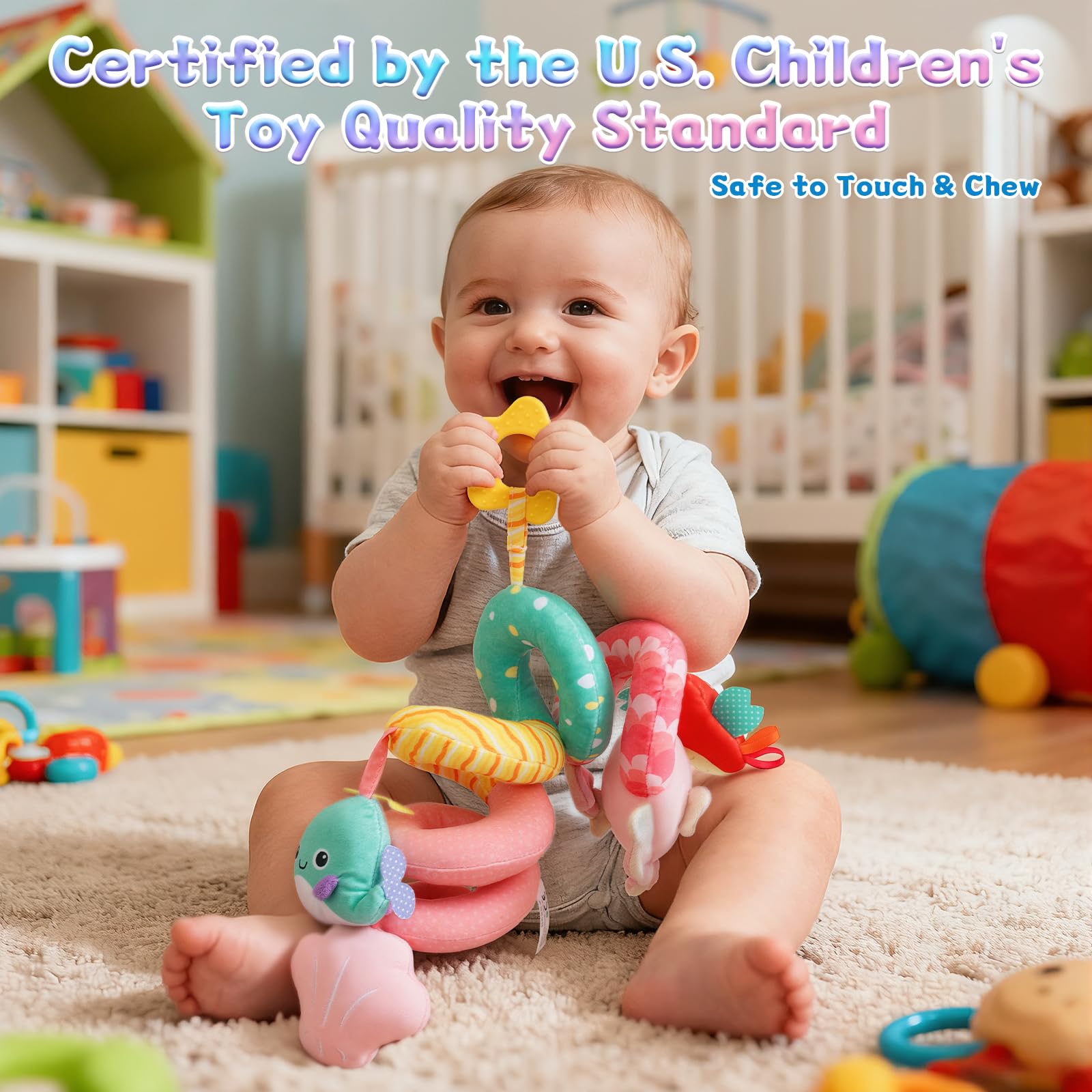 MPQMPQ crinkle plush toy adds tactile variety for tiny fingers.