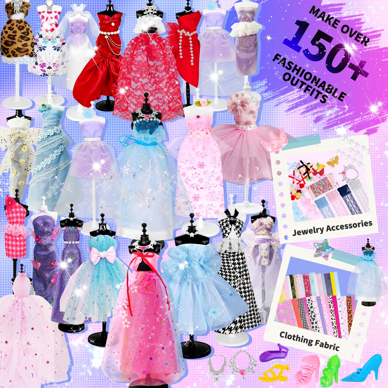 MPQMPQ doll clothes design scene with fabric and trims for imaginative play