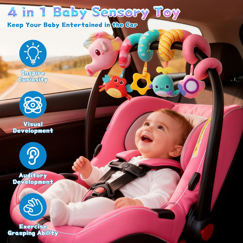 MPQMPQ rattle car seat toy with bell attracts baby's attention during play.