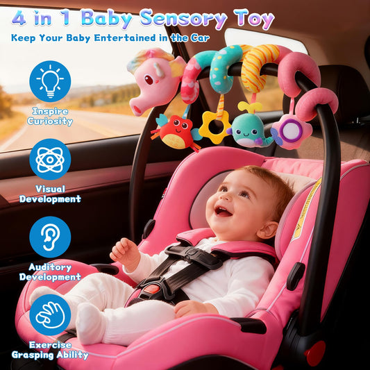 MPQMPQ rattle car seat toy with bell attracts baby's attention during play.