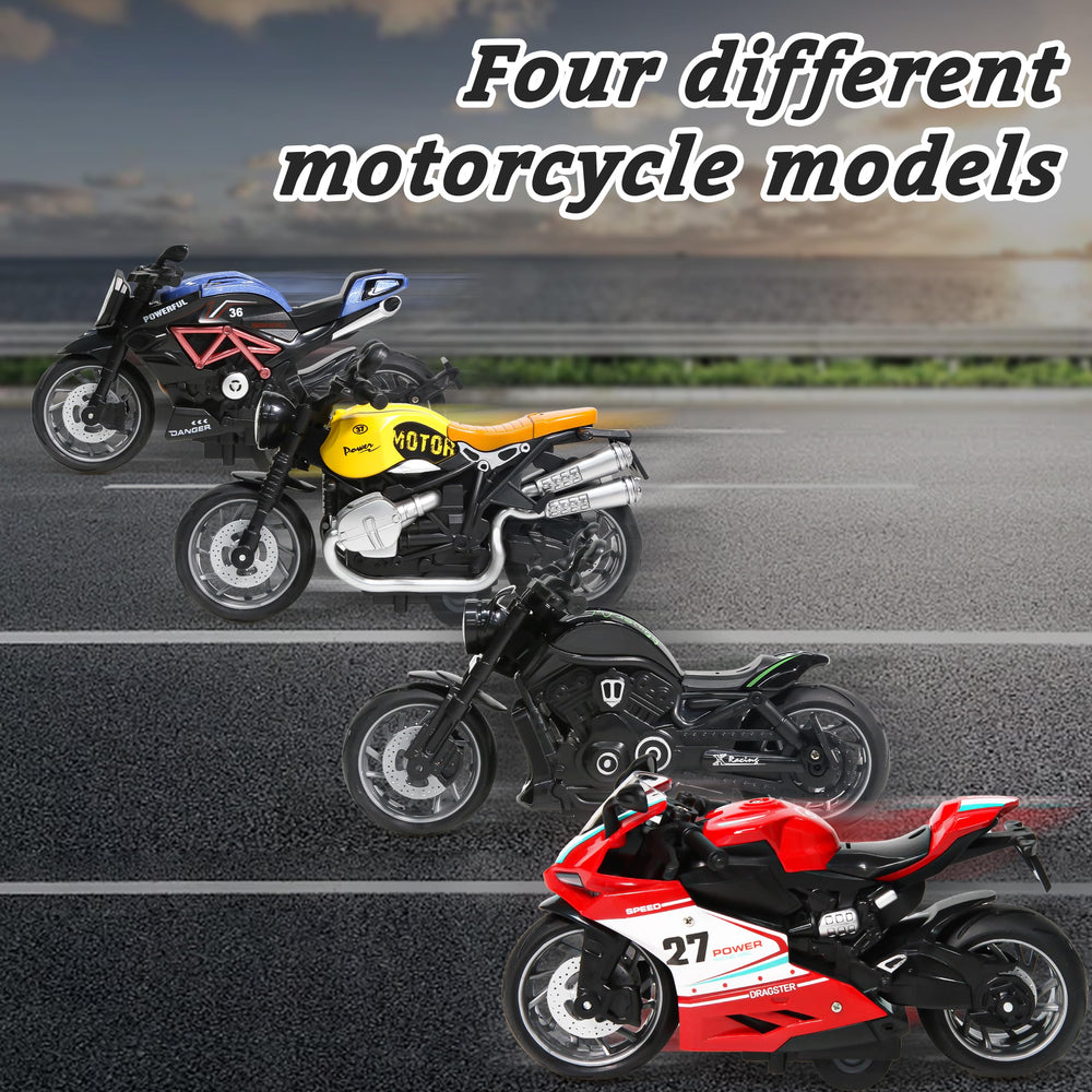 MQDMINI four-pack pull-back motorcycles, durability tested, drop resistant and sturdy.