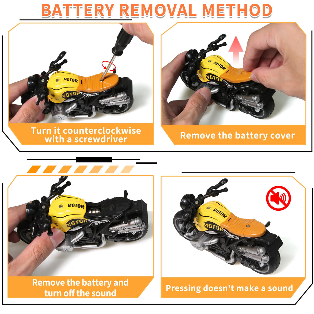 MQDMINI four-pack pull-back motorcycles, friction-drive action in motion, no batteries needed.