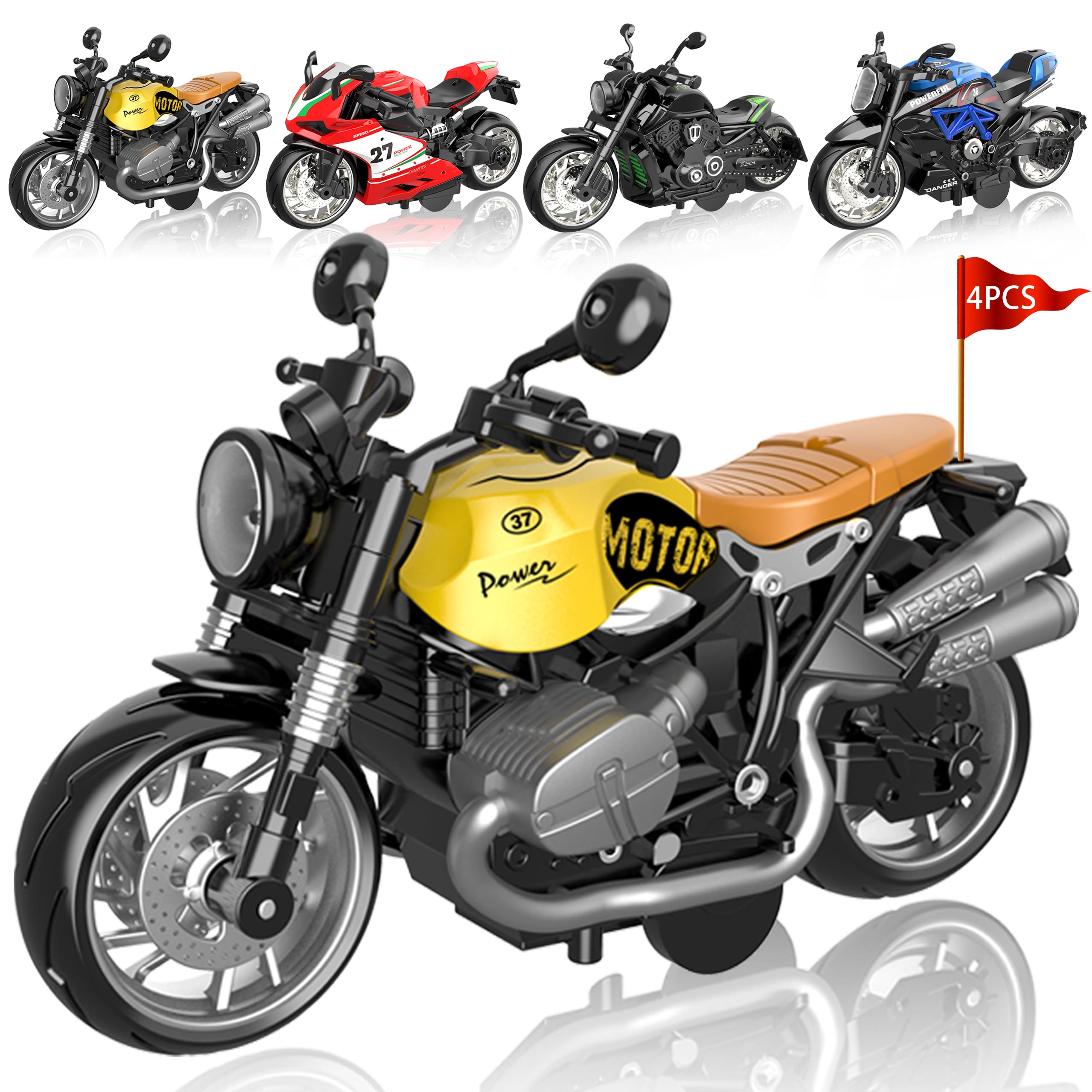 MQDMINI four-pack pull-back motorcycles, front view, ideal for quick, active play sessions.