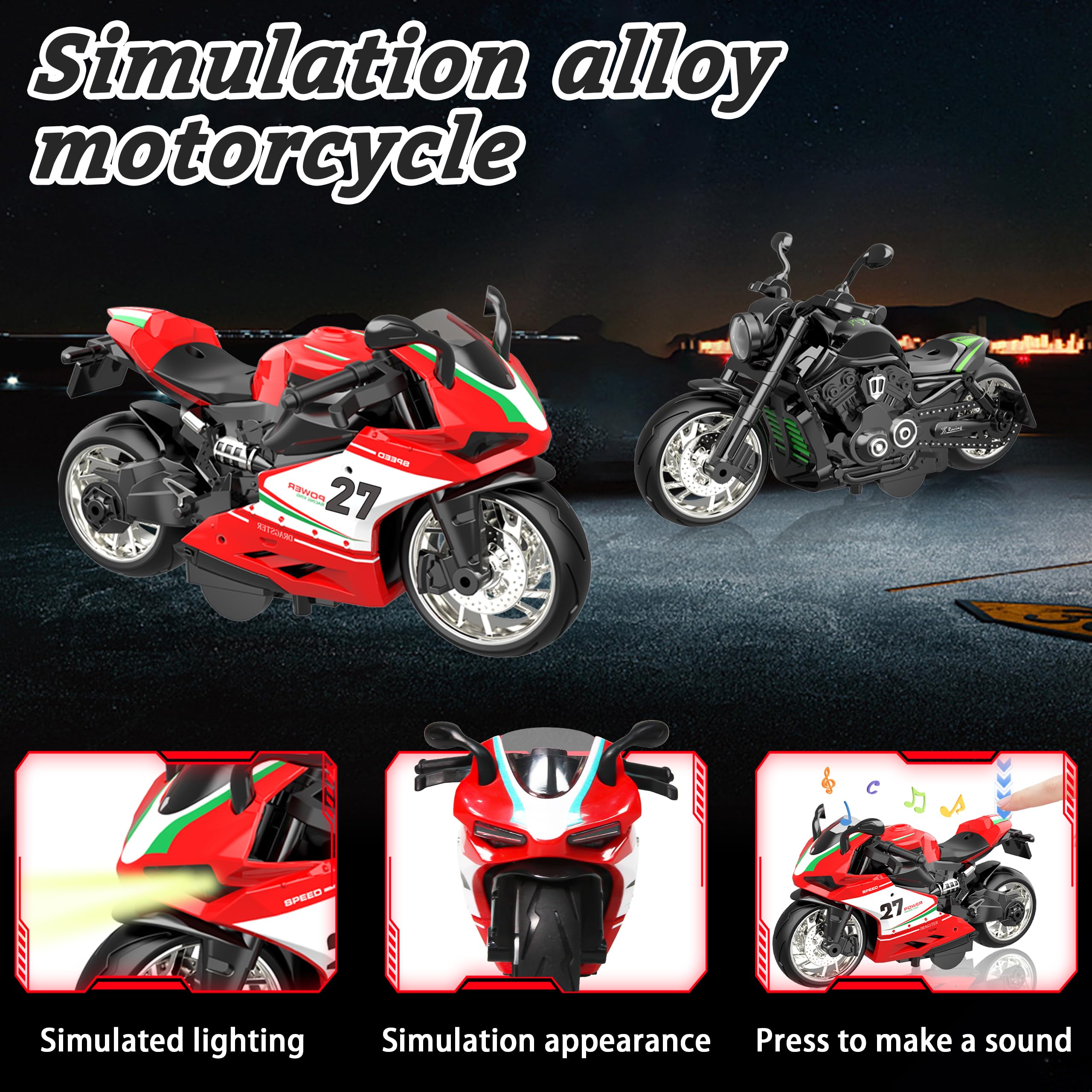 MQDMINI four-pack pull-back motorcycles, lights on, immersive night-time pretend play.