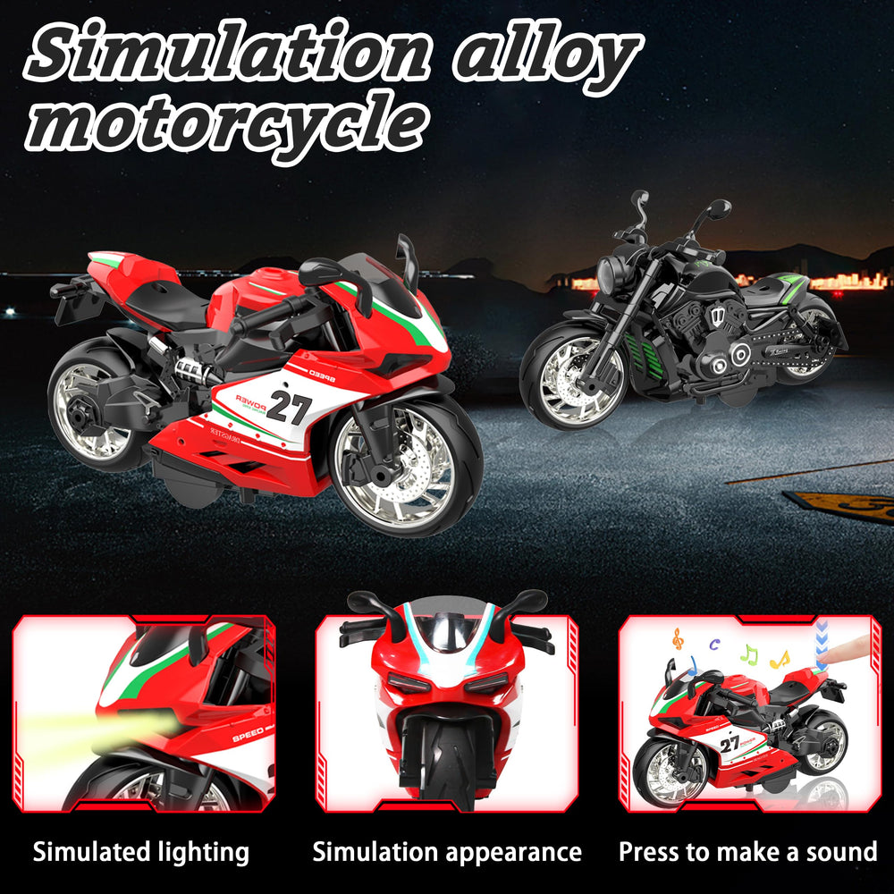 MQDMINI four-pack pull-back motorcycles, lights on, immersive night-time pretend play.