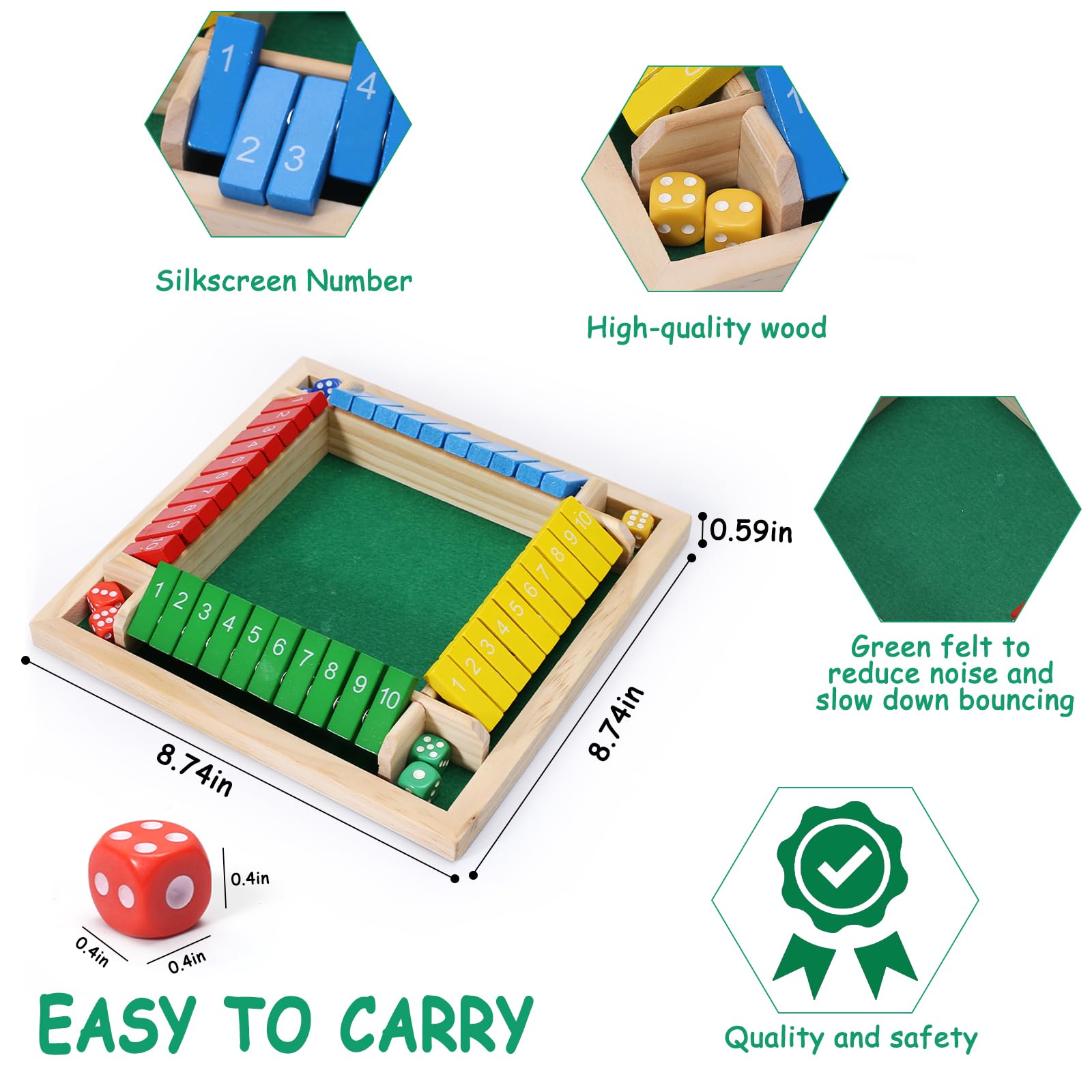 MQJJSM Shut the Box green felt surface stabilizes dice for fair rounds