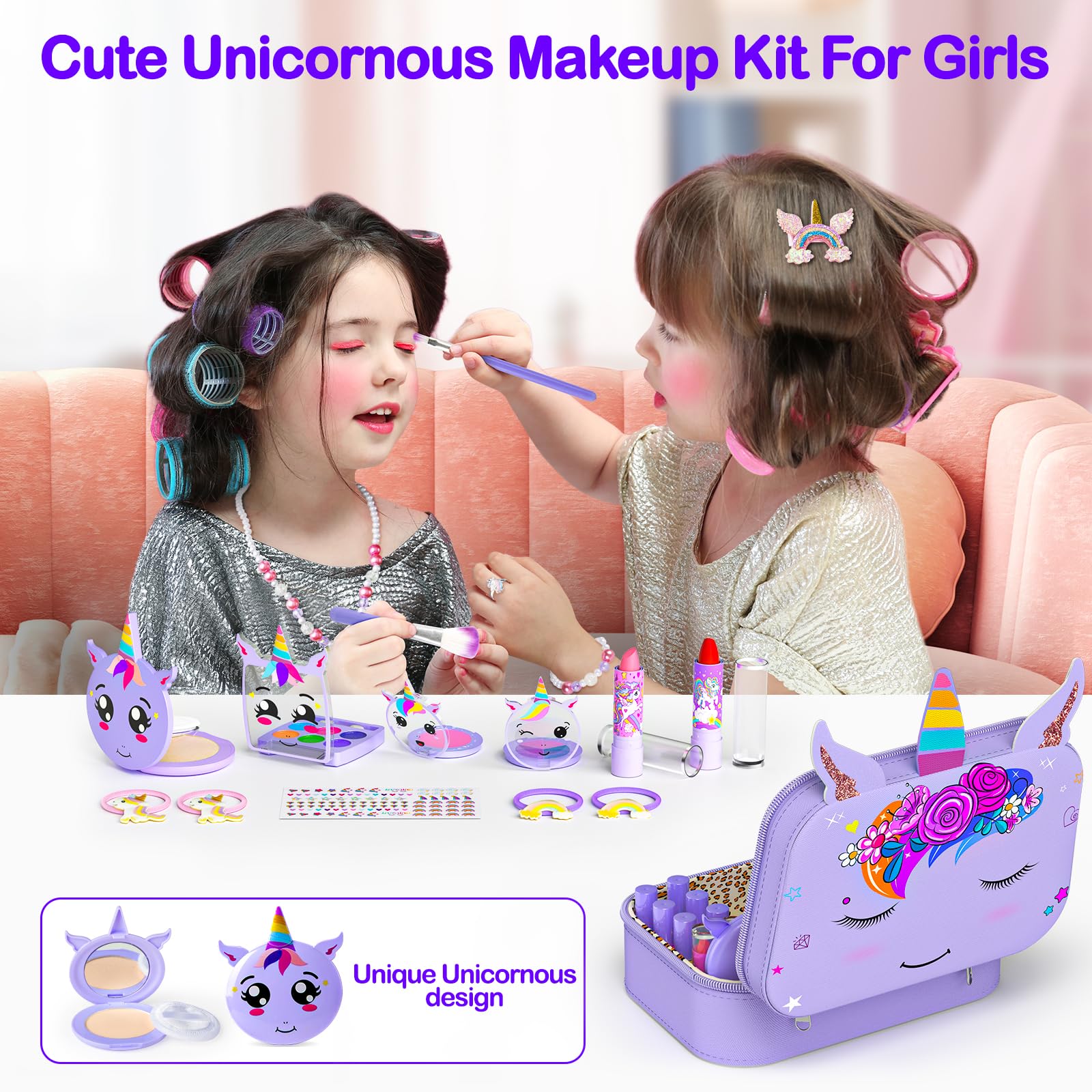 Mqsiuve 2-in-1 makeup set shown for pretend play and quick styling.