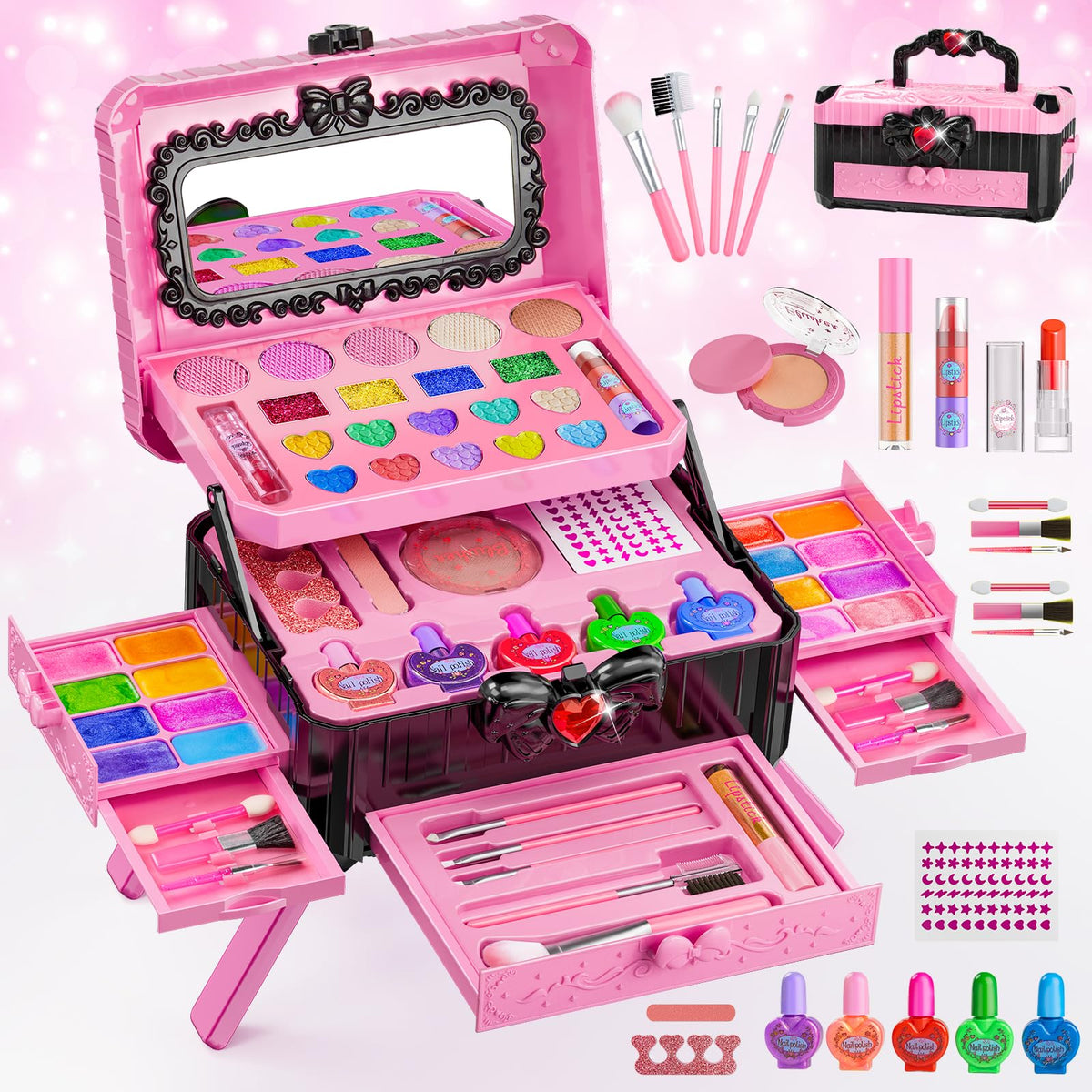 Mqsiuve 62-piece kid's makeup set with vibrant colors for creative play and easy cleanup.