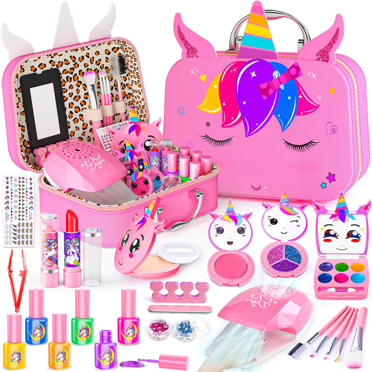 Mqsiuve Kids Makeup Kit unicorn case closeup showing organized storage for creative play.