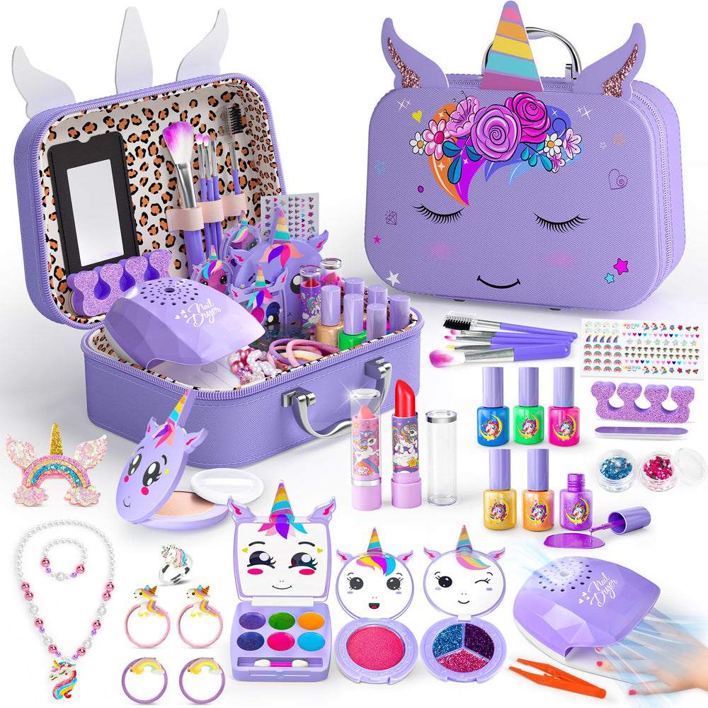 Mqsiuve kids makeup kit with unicorn case open for creative play sessions.