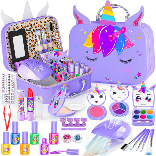 Mqsiuve Kids Makeup Kit unicorn case encourages imaginative dress-up play.