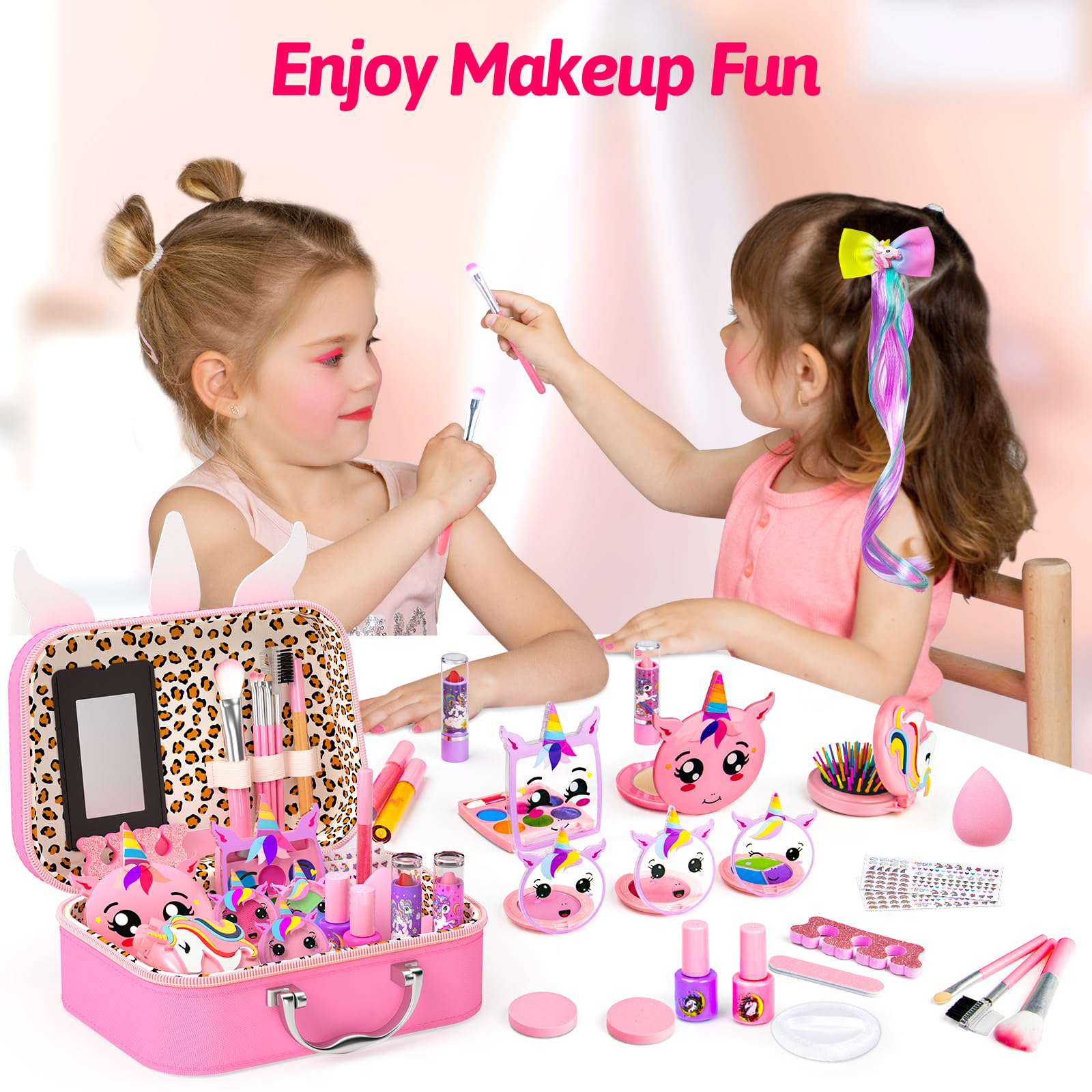 Mqsiuve Little Girls Makeup Kit lipsticks pink-red for imaginative makeovers and cleanup.