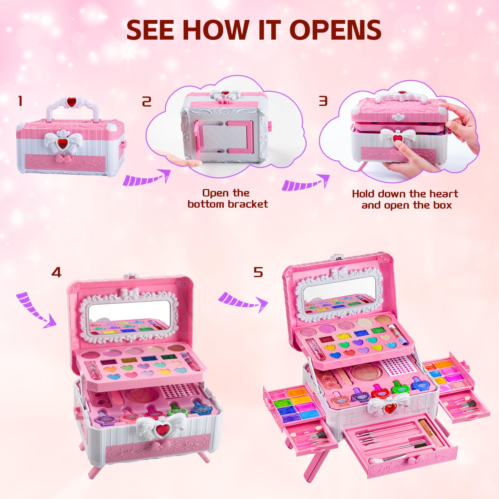 Mqsiuve makeup collection with brushes and glitters enhances pretend fashion sessions.