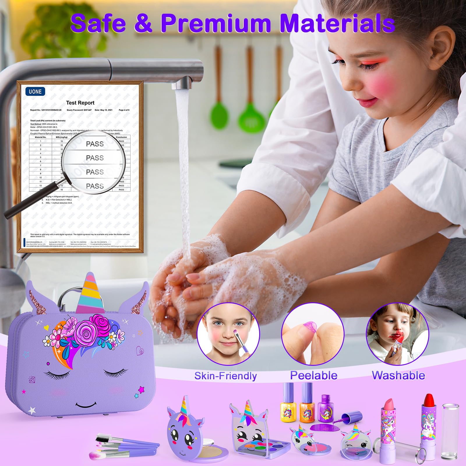 Mqsiuve washable makeup and non-toxic nail polish for easy cleanup.