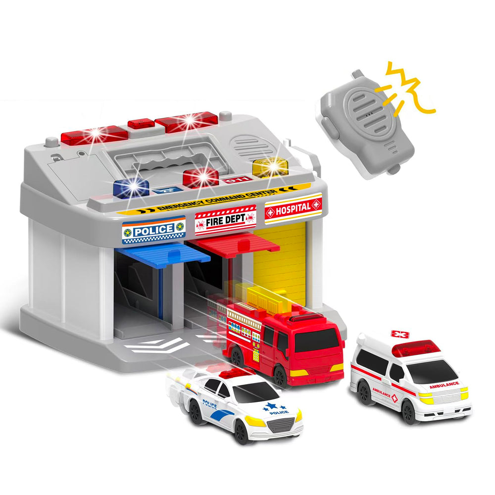 MQSTARSRISE Rescue Station three-bay garage for imaginative play and parking practice