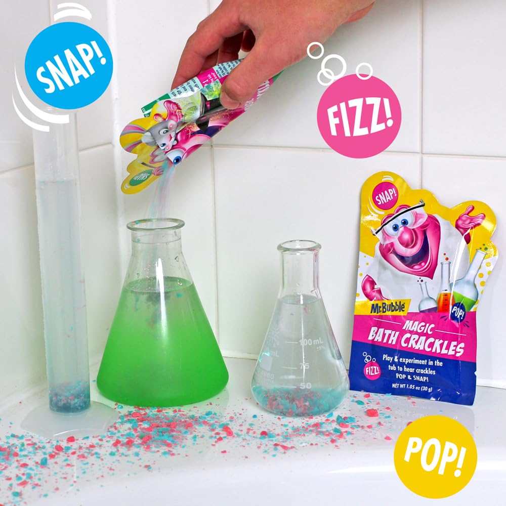 Mr. Bubble Magic Bath Crackles in bath water with vibrant color swirls and pops