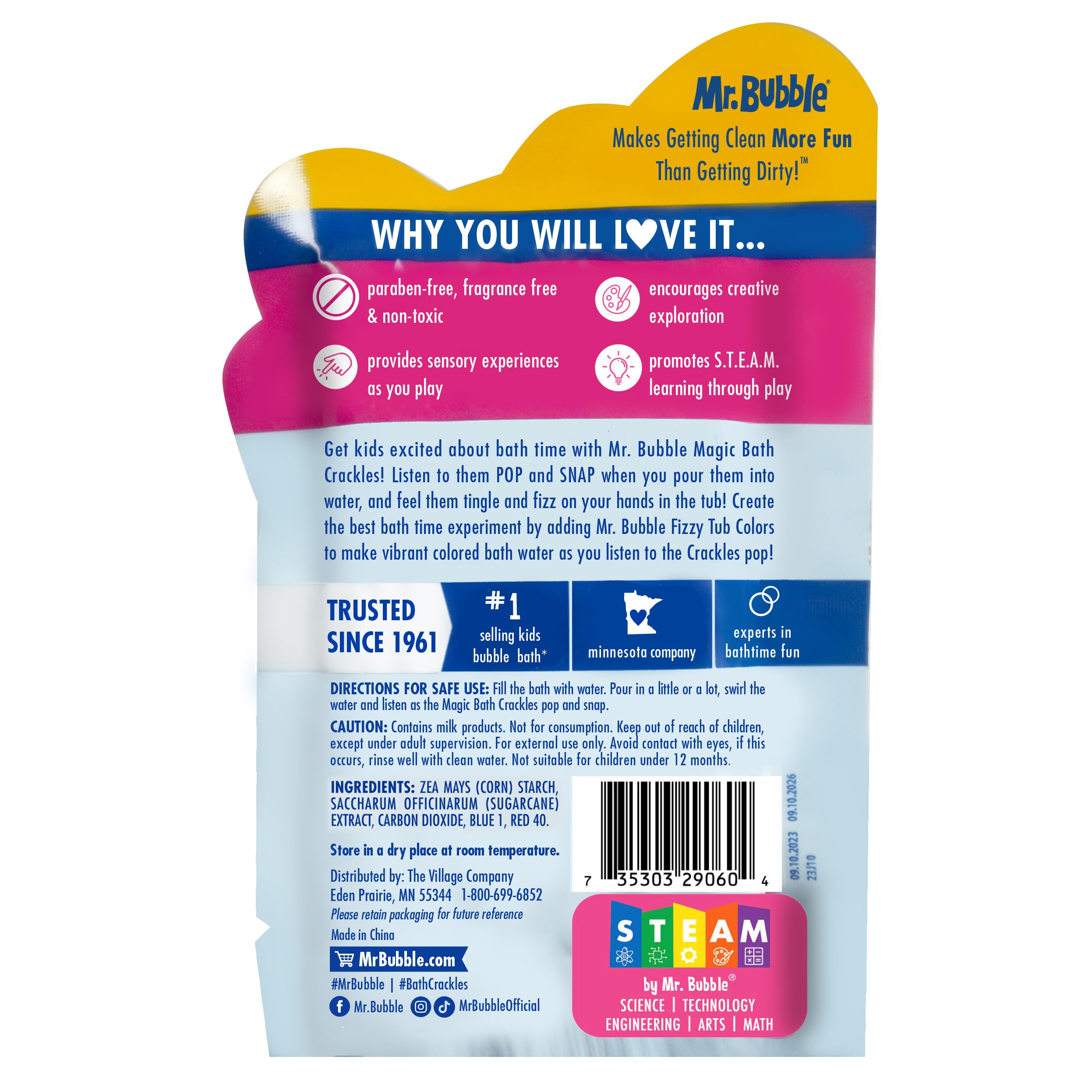 Mr. Bubble Magic Bath Crackles easy cleanup in bath water after use