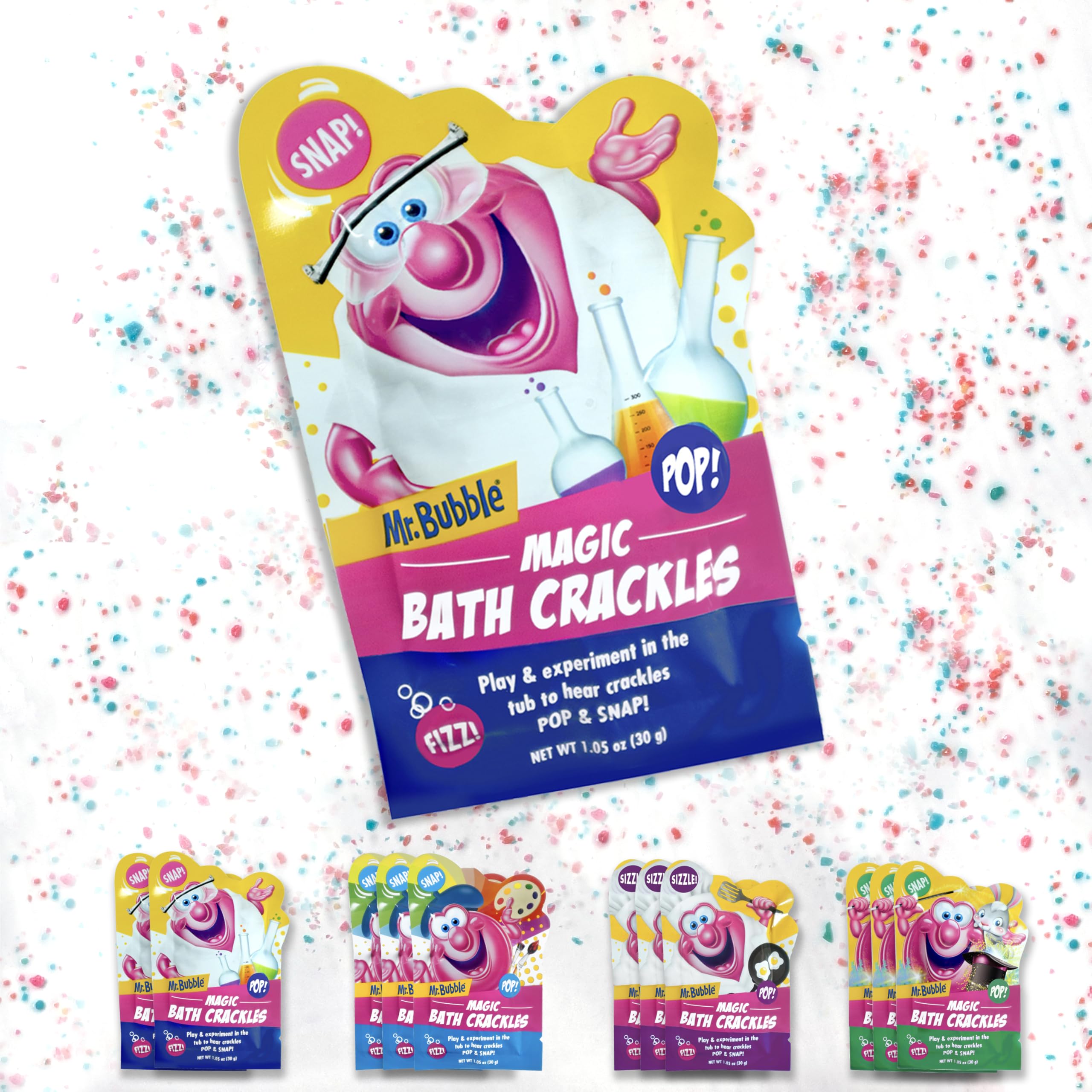 Mr. Bubble Magic Bath Crackles packaging front, colorful bath enhancer for kids