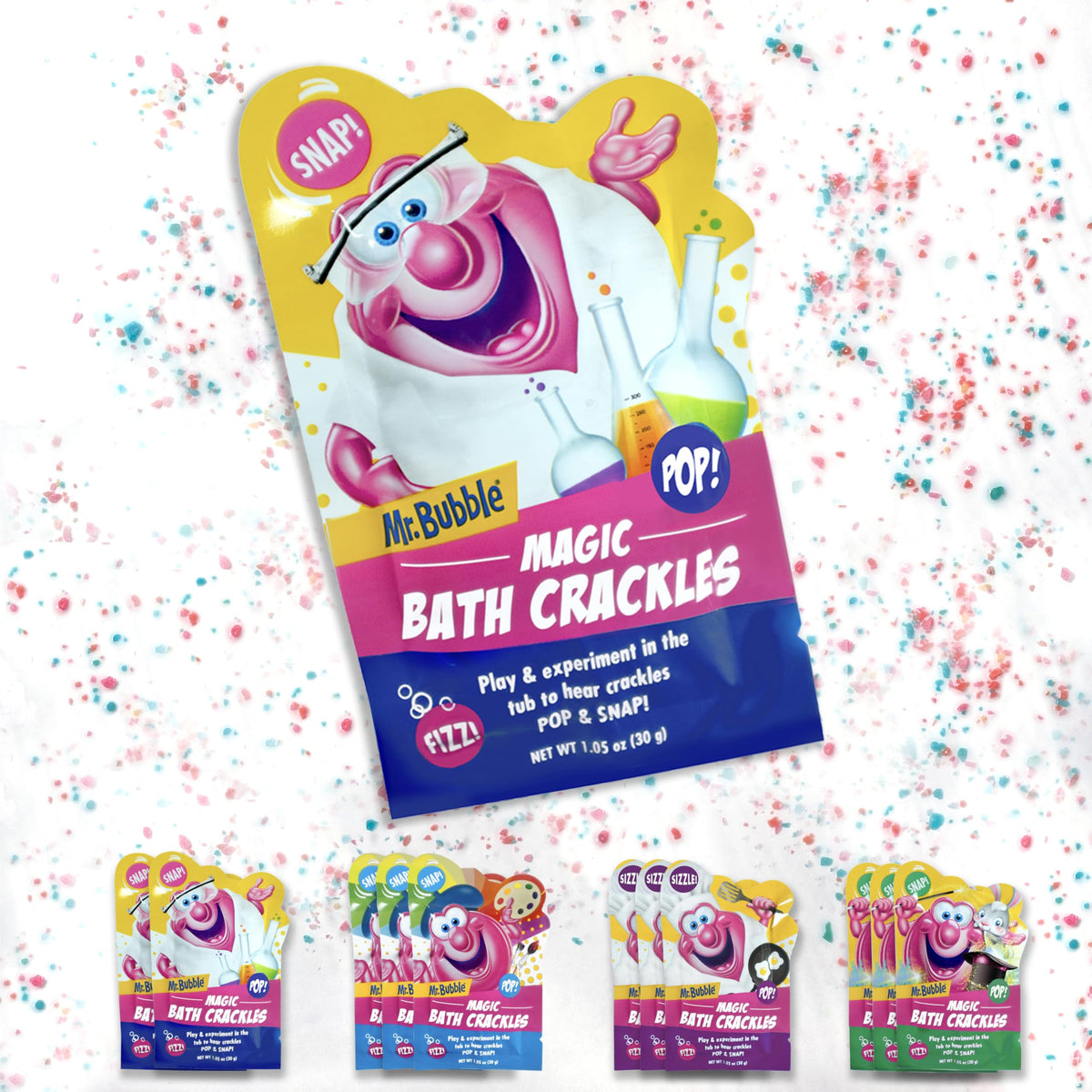 Mr. Bubble Magic Bath Crackles packaging front, colorful bath enhancer for kids