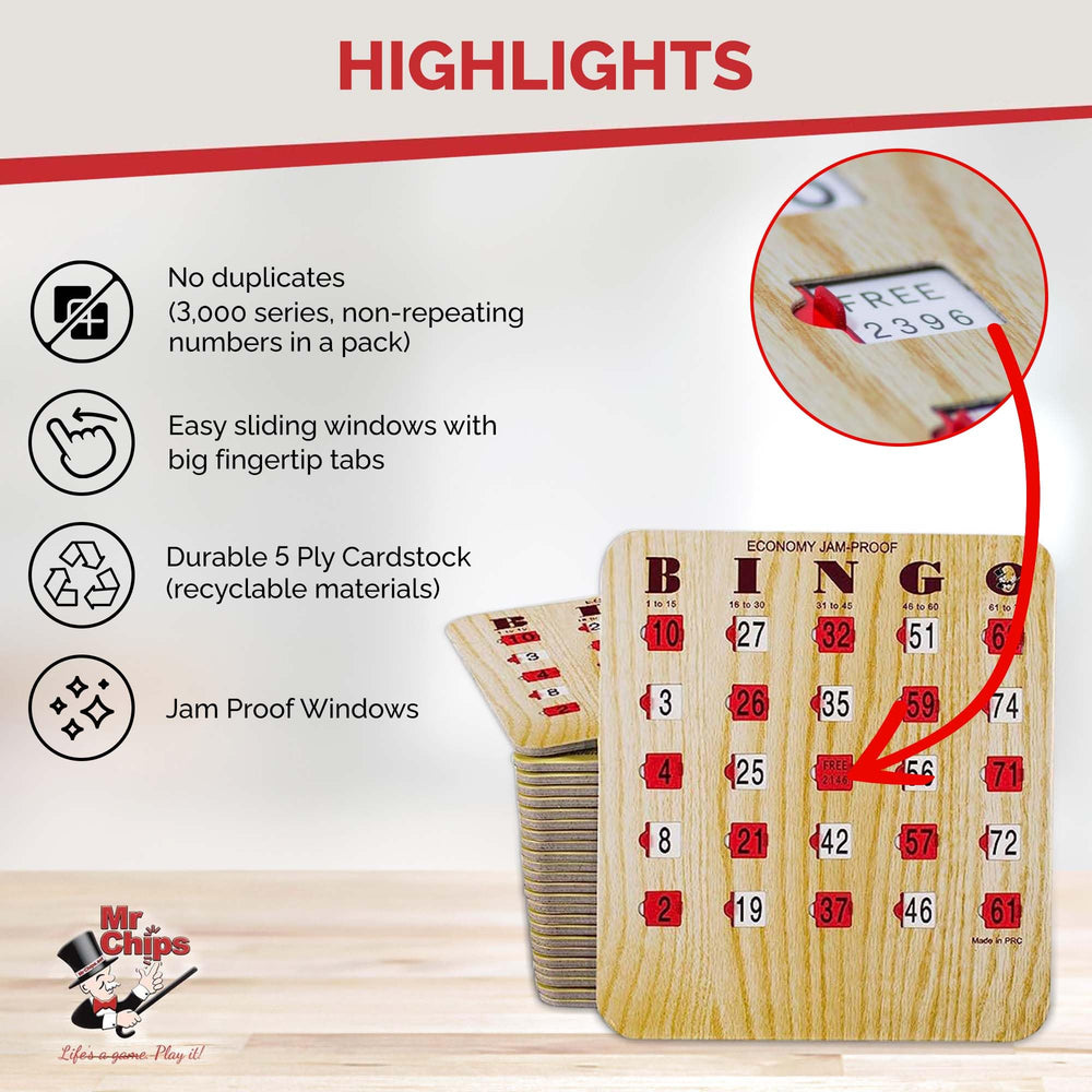 MR CHIPS bingo card dimensions 7.5 by 6.625 inches for easy handling