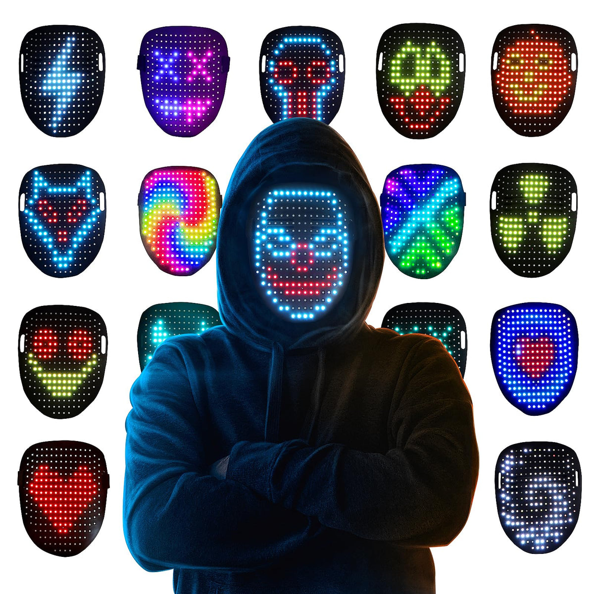 Mr.Pang LED mask displays patterns for dramatic cosplay and events.